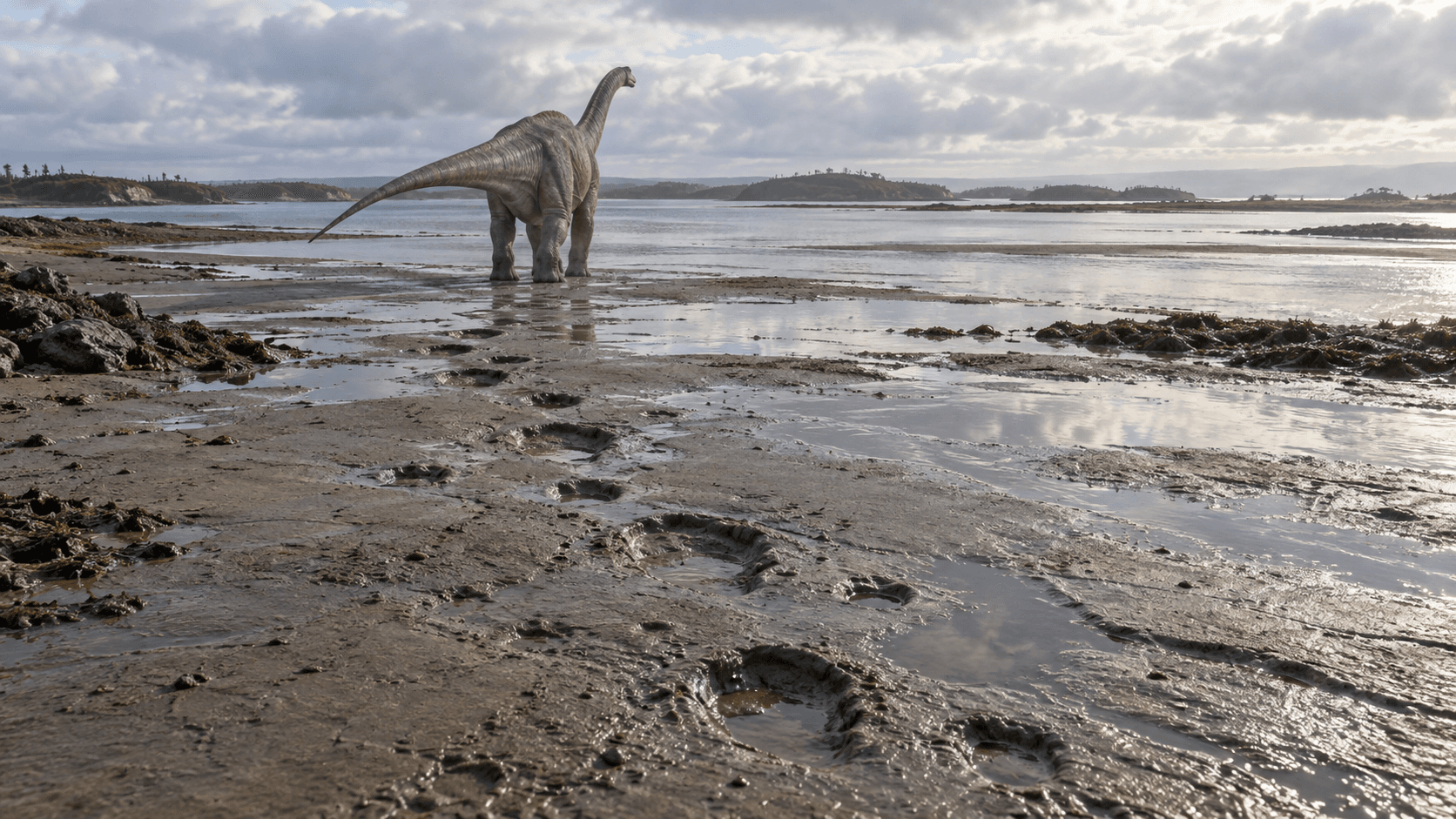 KI-Rekonstruktion einer jurassischen Lagune auf Skye mit deutlichen Sauropoden-Fußabdrücken im Schlamm und einem wandernden Dinosaurier im Hintergrund.