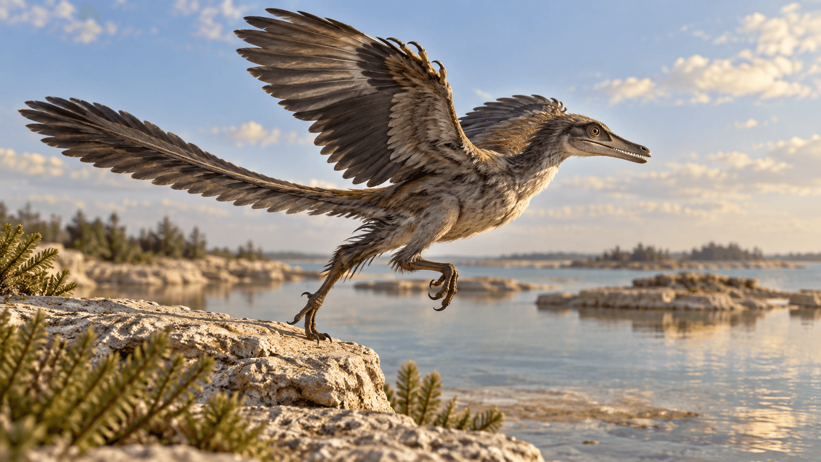 KI-generierte Rekonstruktion eines kleinen gefiederten Archaeopteryx lithographica beim Sprung von einem Kalksteinfelsen in eine flache Lagune, dunkles braun-graues Gefieder mit dunkleren Außenfedern am Flügel und Schwanz, langer knöcherner Schwanz mit gepaarten Federn, bezahnte Schnauze statt Schnabel