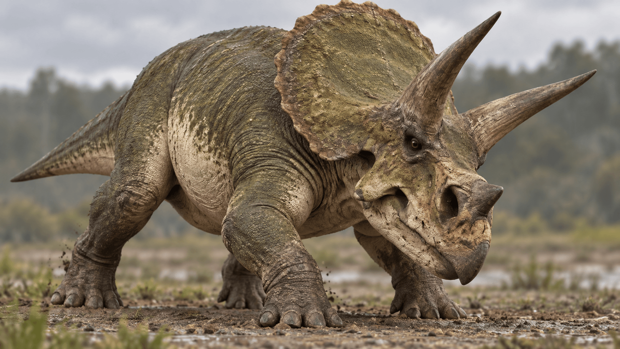 Digital erstellte, symbolische Nahaufnahme eines Triceratops horridus mit gesenktem Kopf und nach vorn gerichteten Hörnern in dunkelolivgrüner Färbung mit cremefarbenen Flanken, KI-Rekonstruktion ohne Fossilbeleg.