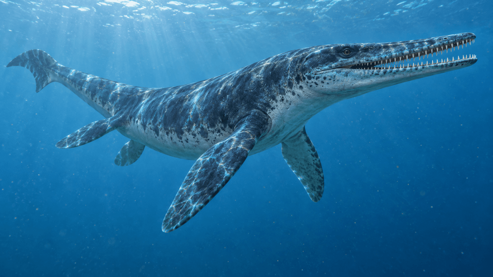 Symbolbild, KI-generierte Rekonstruktion einer schlanken Meeresechse der Gattung Halisaurus mit langem, zahnreichem Kiefer, von schräg unten im blauen Wasser der Kreidezeit fotografiert.