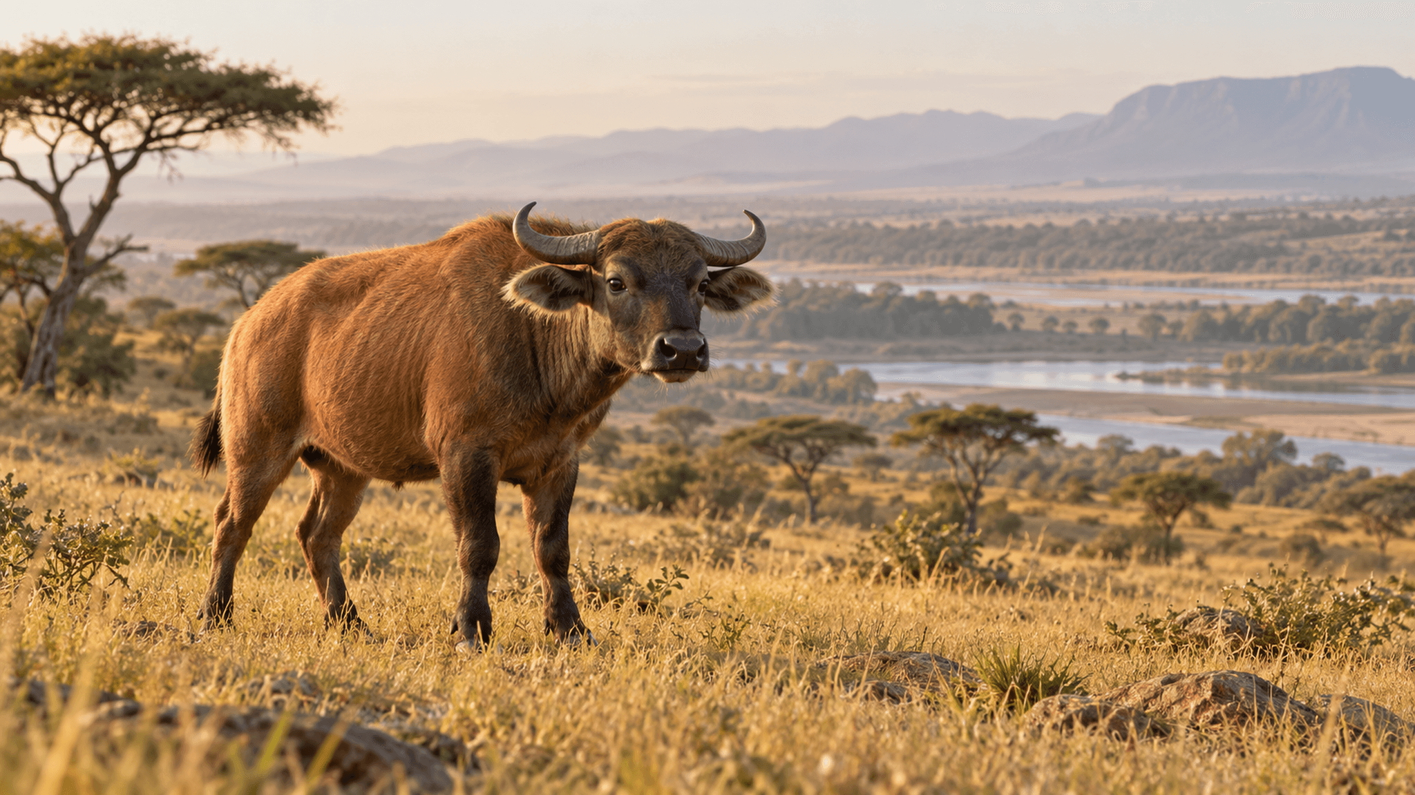 Ein kleiner urzeitlicher Büffel der Gattung Syncerus in einer äthiopischen Savannenlandschaft vor 2,6 Millionen Jahren, gekennzeichnet als KI-Rekonstruktion.