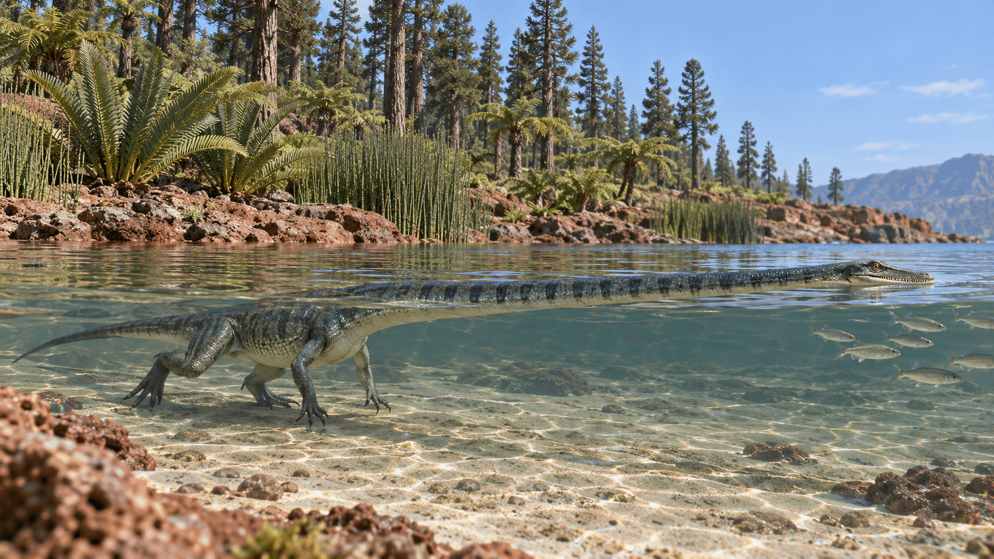 Symbolbild, KI-generierte Rekonstruktion: Ein Tanystropheus mit extrem langem, aus wenigen Wirbeln gebildetem Hals liegt fast vollständig unter Wasser in einer flachen Küstenlagune, nur Kopf und Halsansatz ragen heraus, im Anschleichen an einen Fischschwarm.