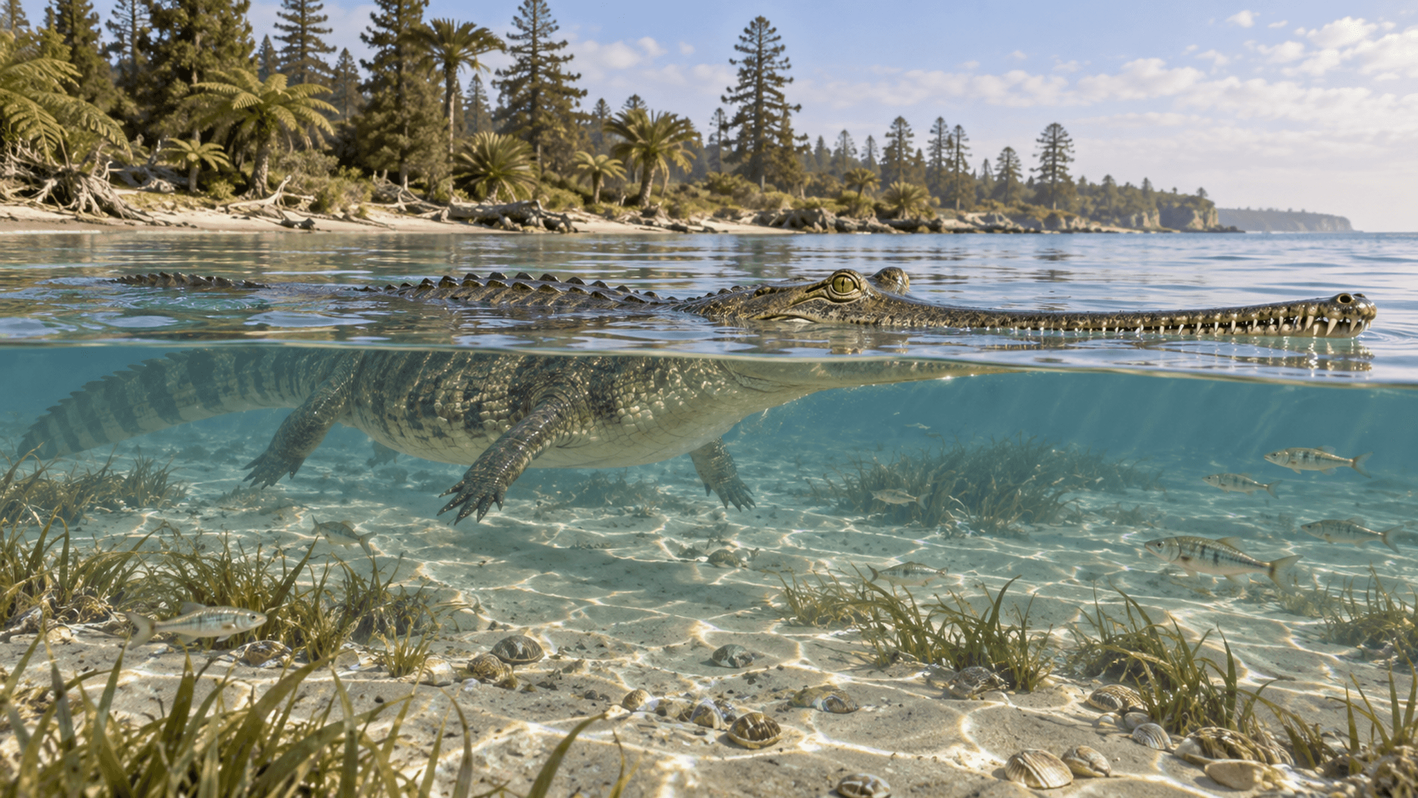 Symbolbild einer KI-Rekonstruktion von Thoracosaurus isorhynchus, einem langschnäuzigen, krokodilähnlichen Tier, das mit Augen und Schnauzenspitze knapp aus dem Wasser einer Küstenbucht der Kreidezeit ragt.