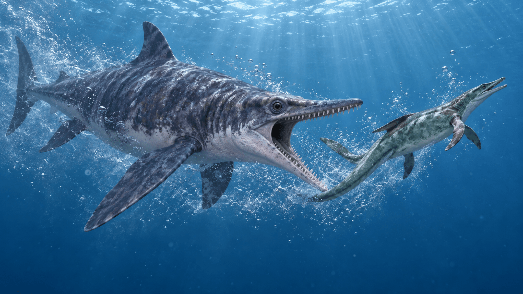 KI-generiertes Symbolbild: ein dunkles, ichthyosaurierartiges Meeresreptil mit schwarzer Oberseite und weißer Unterseite packt im offenen Wasser ein kleineres, grünliches, langschwänziges Meeresreptil; keine der Arten ist im Beitrag namentlich bestimmt.
