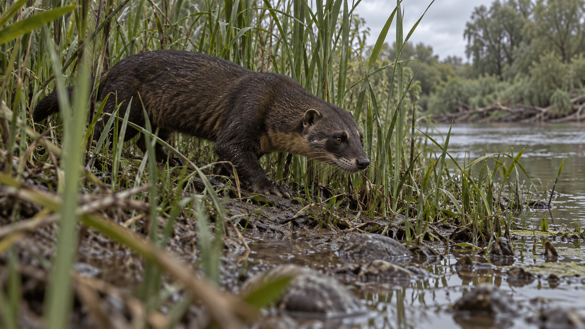 Digital erstellte KI-Rekonstruktion als Symbolbild: ein dunkel gefärbter Großmarder (Pannonictis pliocaenica) bewegt sich bodennah durch Schilf am schlammigen Flussufer bei bedecktem Tageslicht; keine reale Fossilabbildung.