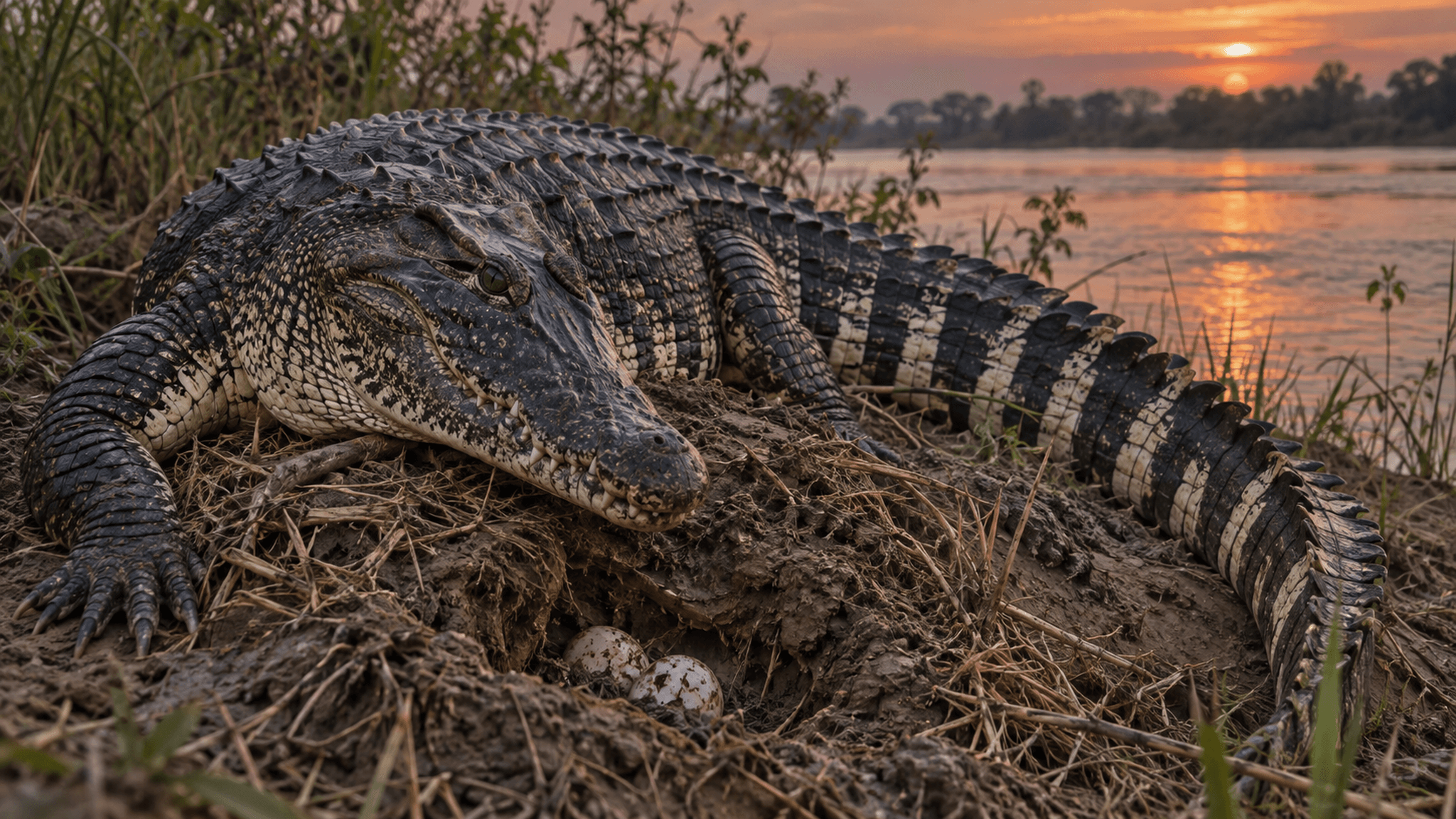 Symbolbild, KI-generiert: lebendes Krokodil unbestimmter Art liegt in der Abenddämmerung schützend über einem aufgebrochenen Erdnest am Flussufer, in dem einzelne Eier sichtbar sind; keine reale Fossil- oder Studienabbildung.