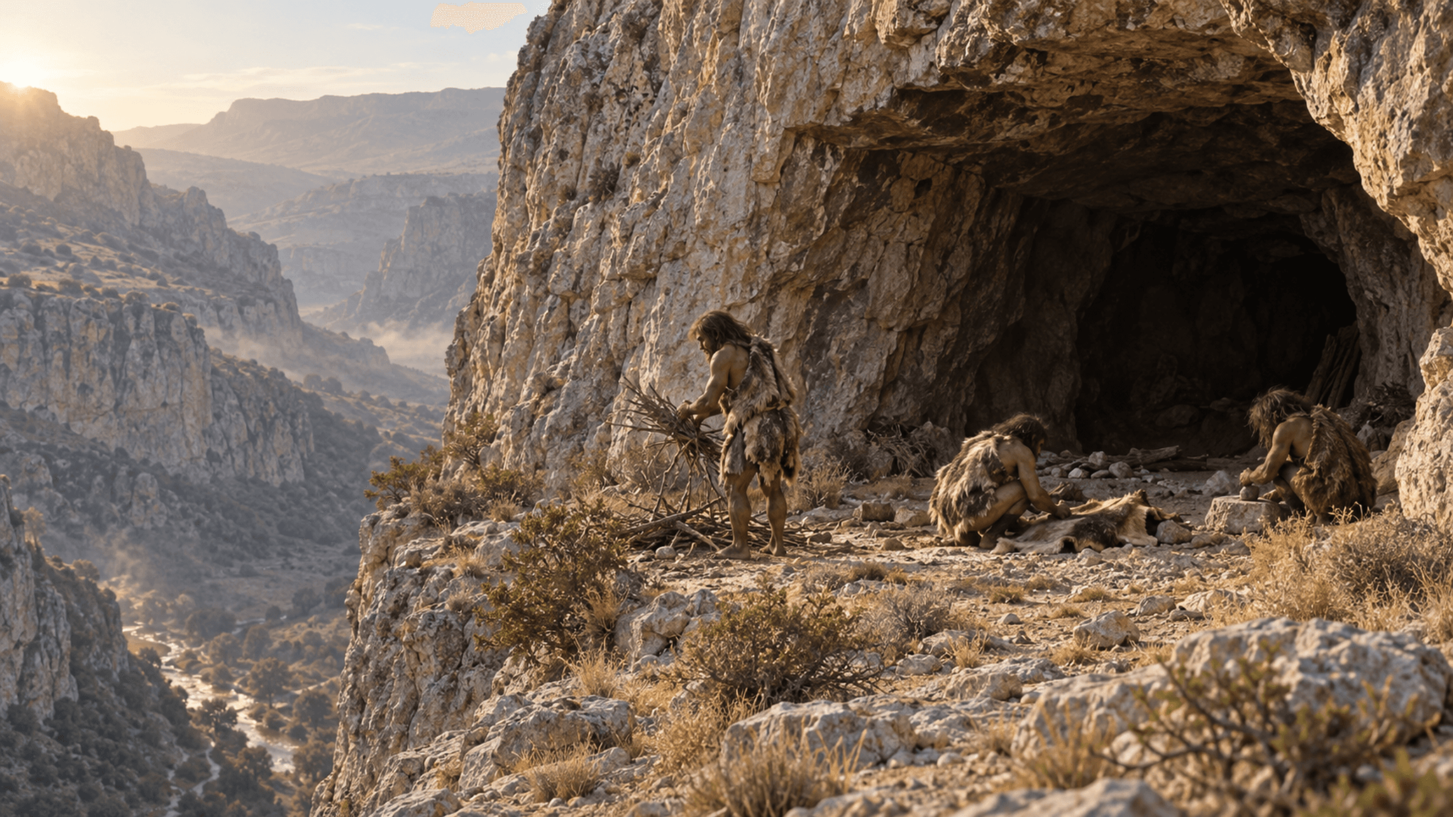 Symbolbild/KI-Rekonstruktion: Drei Neandertaler stehen und hocken als kleine Figuren auf einem schmalen Felsvorsprung vor dem dunklen Höhleneingang von Shanidar in den Zagros-Bergen im Morgenlicht; Totale aus der Distanz, keine erkennbare Verletzung, Narbe oder Pflegehandlung im Bild.