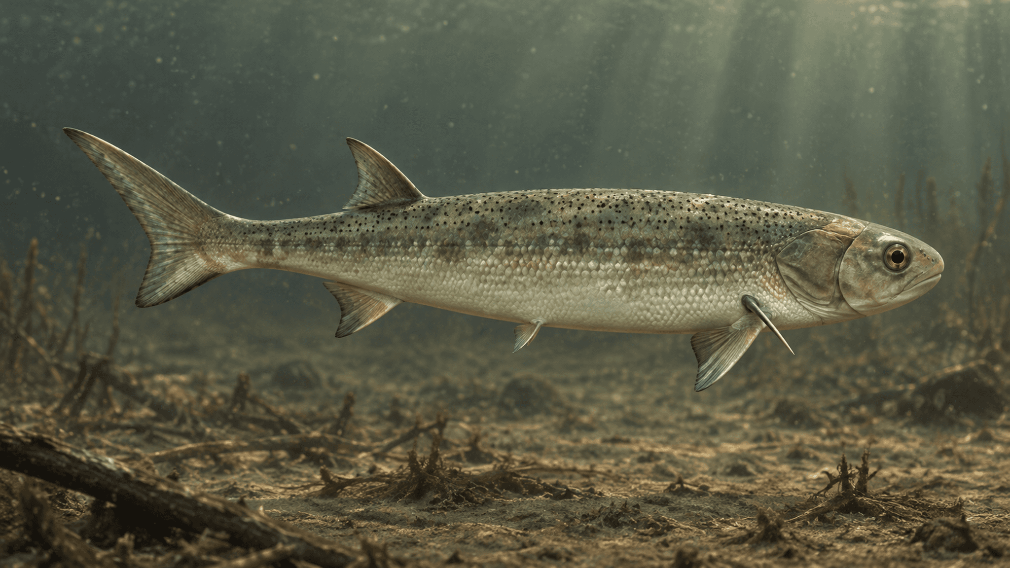 KI-Rekonstruktion eines schlanken, spindelförmigen Stachelfisches (Acanthodes lopatini) im Seitenprofil, blassgrünlich mit dunkler Fleckung, mit einer hinteren Rückenflosse, einer Afterflosse, Brustflossen mit Stacheln und einem schmalen unpaaren Bauchstachel statt paariger Bauchflossen, schwimmend über schlammigem Seegrund in trübem Süßwasser.
