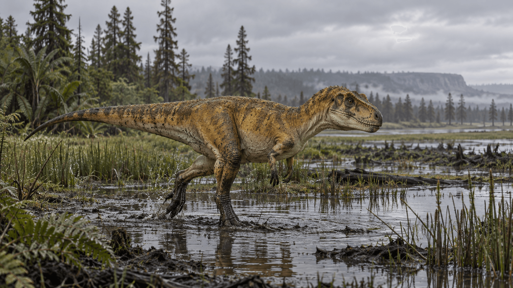 KI-Lebendrekonstruktion eines jungen, noch nicht ausgewachsenen Albertosaurus sarcophagus in seinem feuchten Lebensraum am Red Deer River vor rund 73 bis 68 Millionen Jahren.