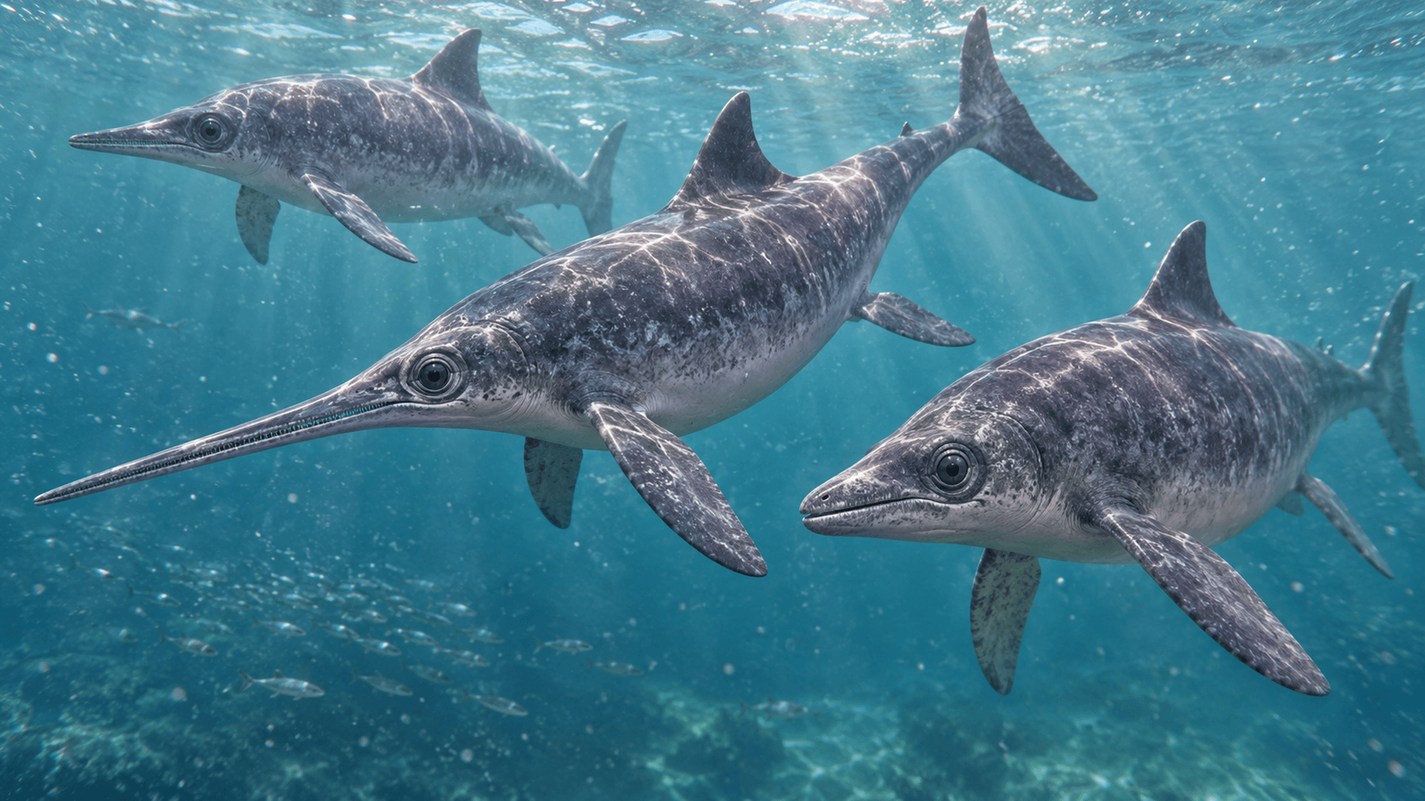 KI-Lebendrekonstruktion: Fischsaurier der Trias unterschieden sich stark in ihrer Schädellänge – ein neues Modell datiert den Höhepunkt dieser Vielfalt auf vor etwa 231,1 Millionen Jahren, ohne dass sich ein passender Umweltauslöser findet.