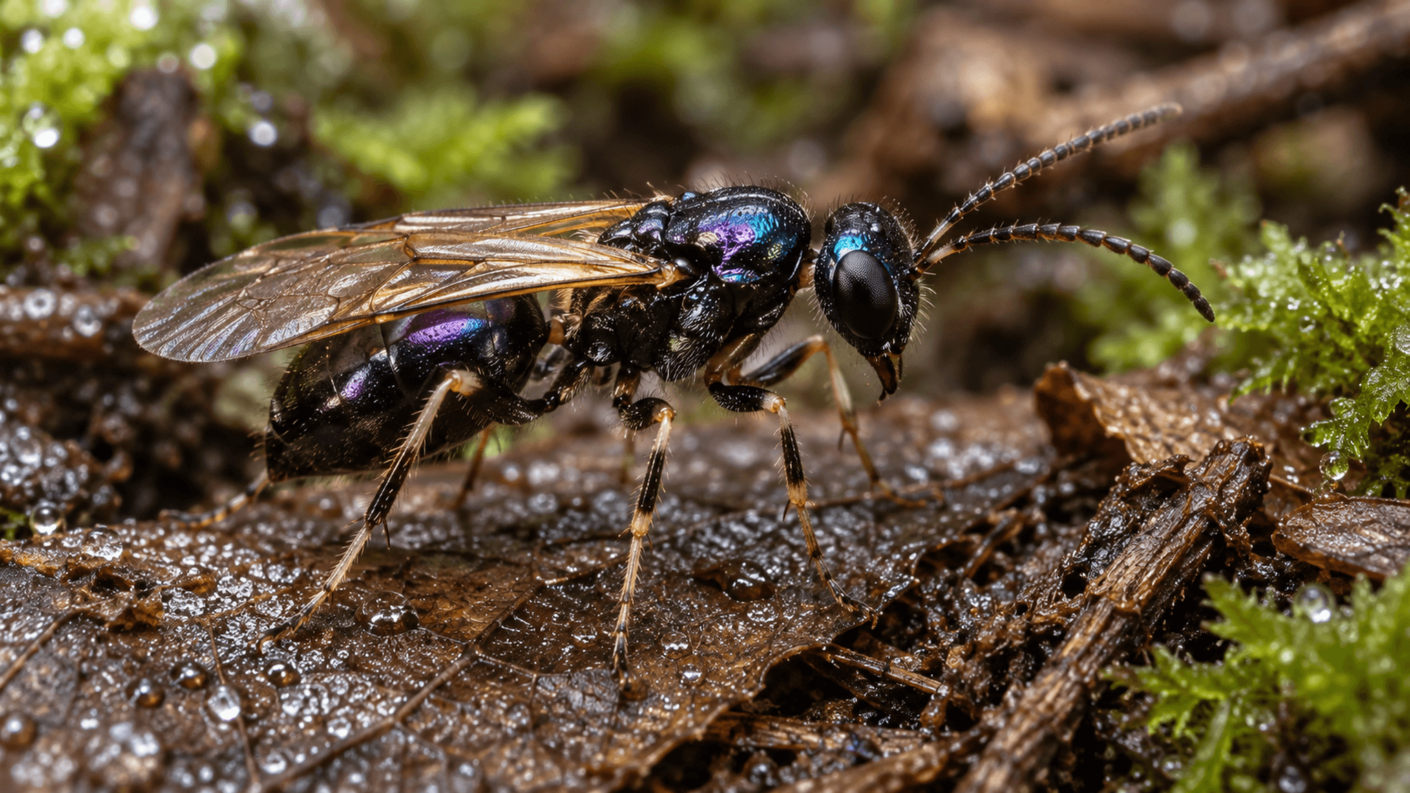 AI life reconstruction: the fossil chalcid wasp Paleolelaps draco amid damp leaf litter in its presumed habitat; the oldest known member of the chalcid wasp family Diparidae, recorded in late Eocene Baltic amber.