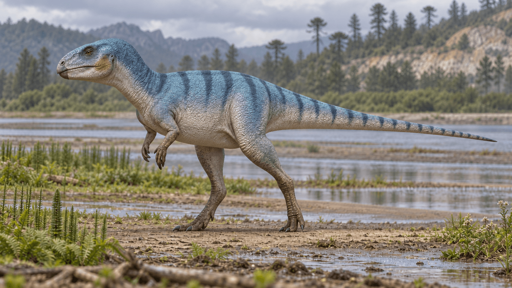 KI-Lebendrekonstruktion eines nicht näher bestimmten Rhabdodontiden aus Haţeg. Körperbau nach Zalmoxes robustus als Vergleich; Färbung und Muster sind spekulativ.