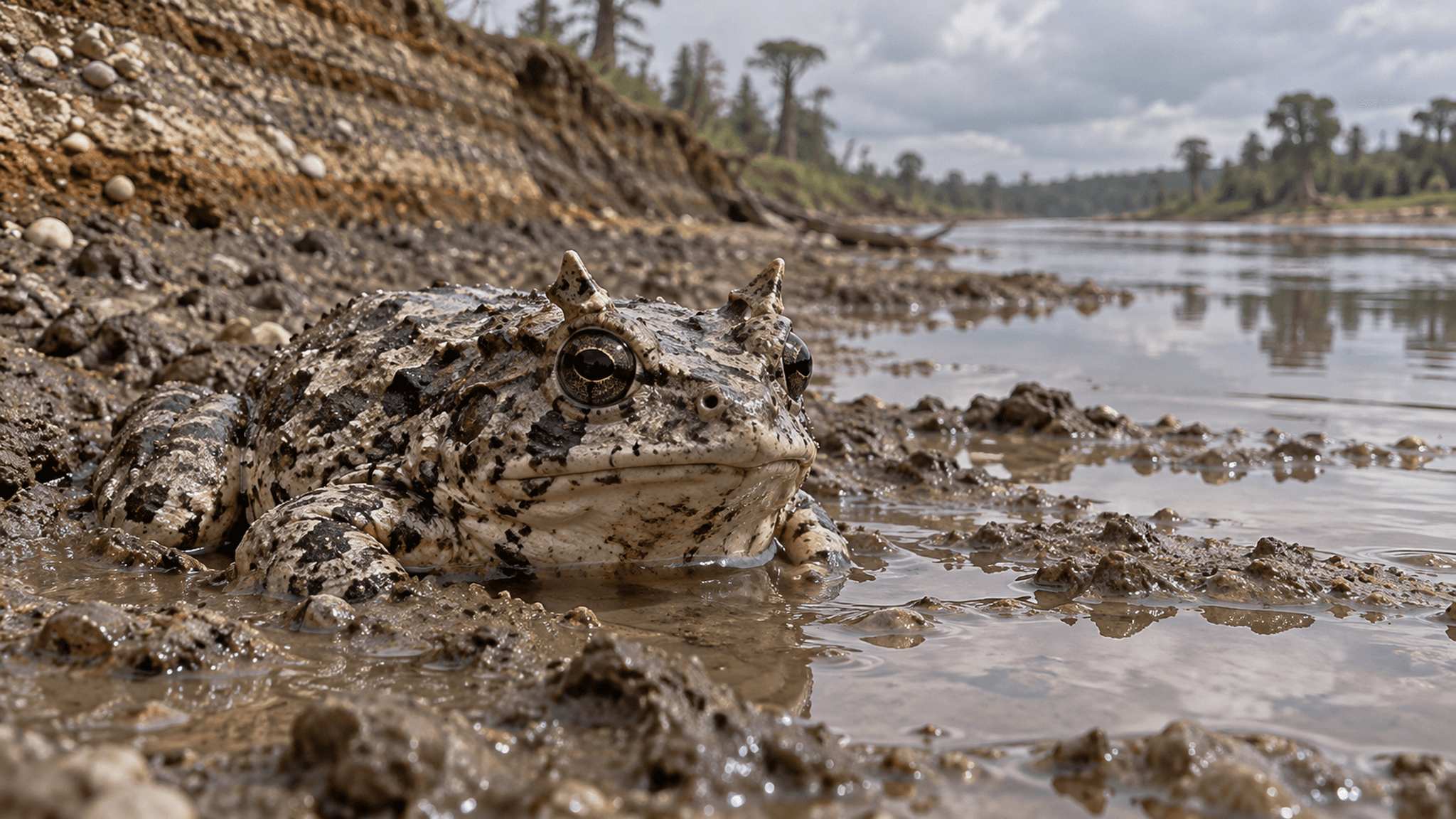 AI life reconstruction: the Late Cretaceous frog Hungarobatrachus szukacsi with two horn-like bony projections at the back of its skull, shown in a river floodplain in present-day Hungary.