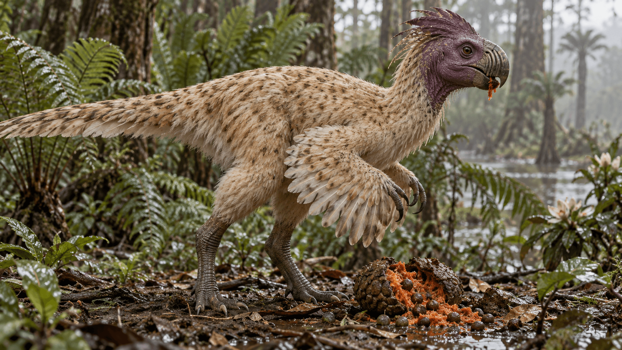 KI-Lebendrekonstruktion von Infernogallus jamesi, einem kleinen Oviraptorosaurier der späten Kreidezeit, der laut einer aktuellen Studie seinen Unterkiefer wie ein Papagei vor- und zurückschob und damit wahrscheinlich weiche Früchte zerkaute.