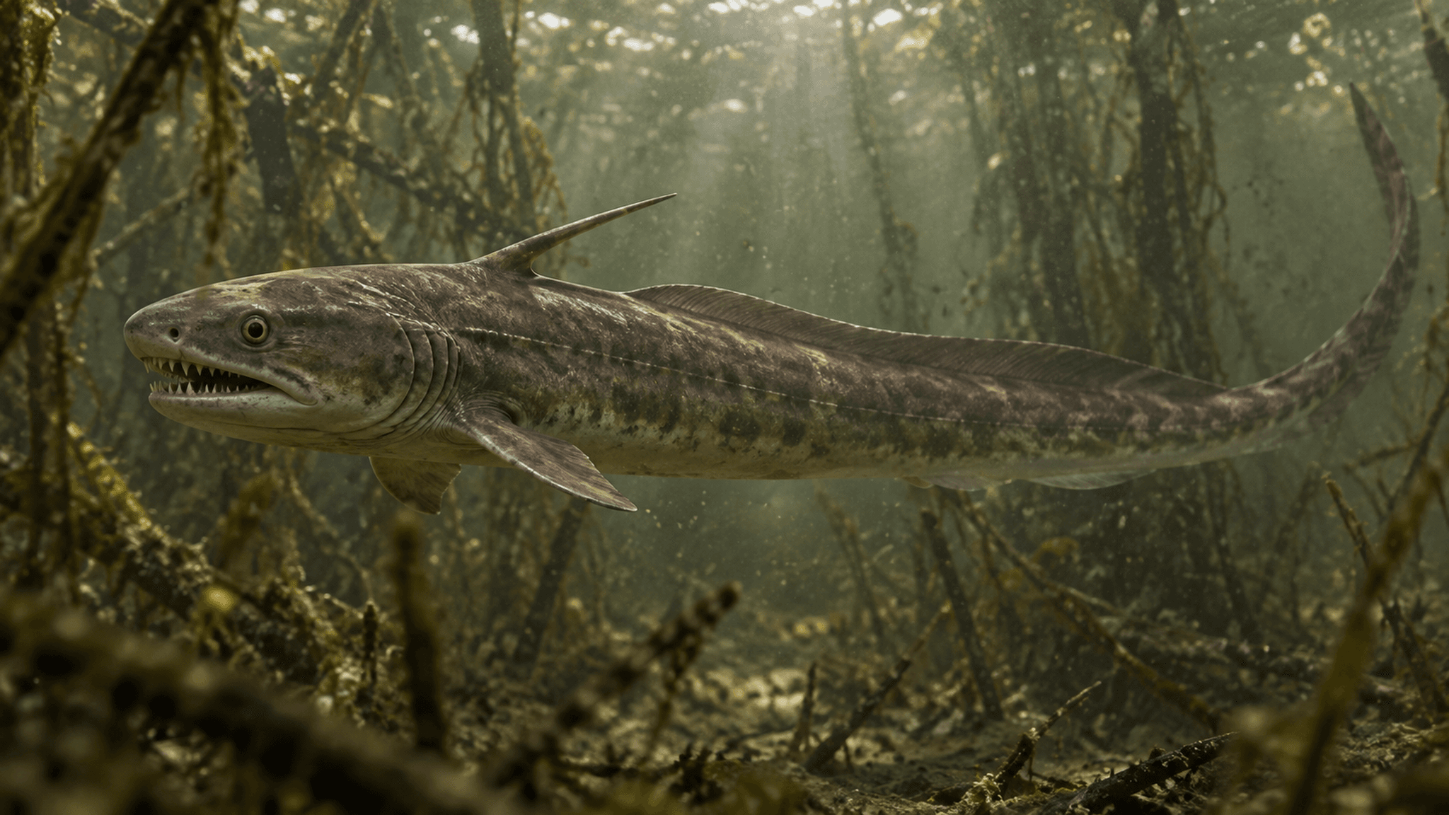 KI-Lebendrekonstruktion eines Süßwasserhais der Gruppe Xenacanthiformes aus der Obertrias, wie er vor rund 220 Millionen Jahren möglicherweise ausgesehen haben könnte.