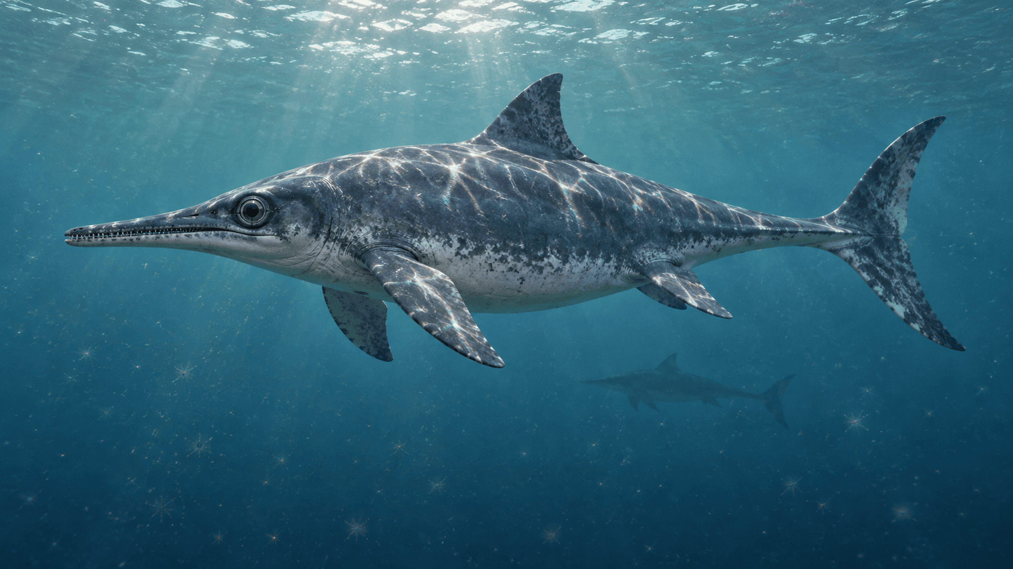 KI-Lebendrekonstruktion von Ichthyosaurus anningae, einer Fischsaurier-Art, deren erster eindeutiger Nachweis außerhalb Großbritanniens in der Rodiles-Formation in Asturien, Spanien, entdeckt wurde.