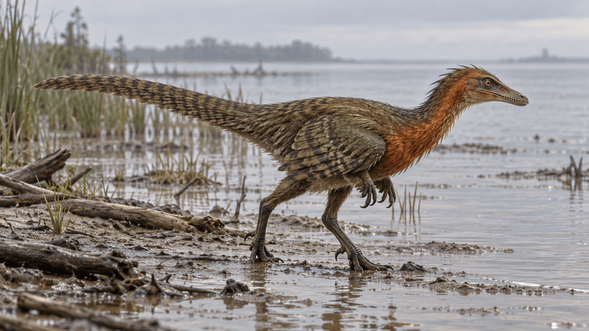 KI-Lebendrekonstruktion eines kleinen, nicht-vogelartigen Paraviers (Paraves indet.) aus dem unteren Barremium von Sesimbra, Portugal – auf Basis fragmentarischer Armknochen, etwa in der Größe eines heutigen männlichen Truthahns.