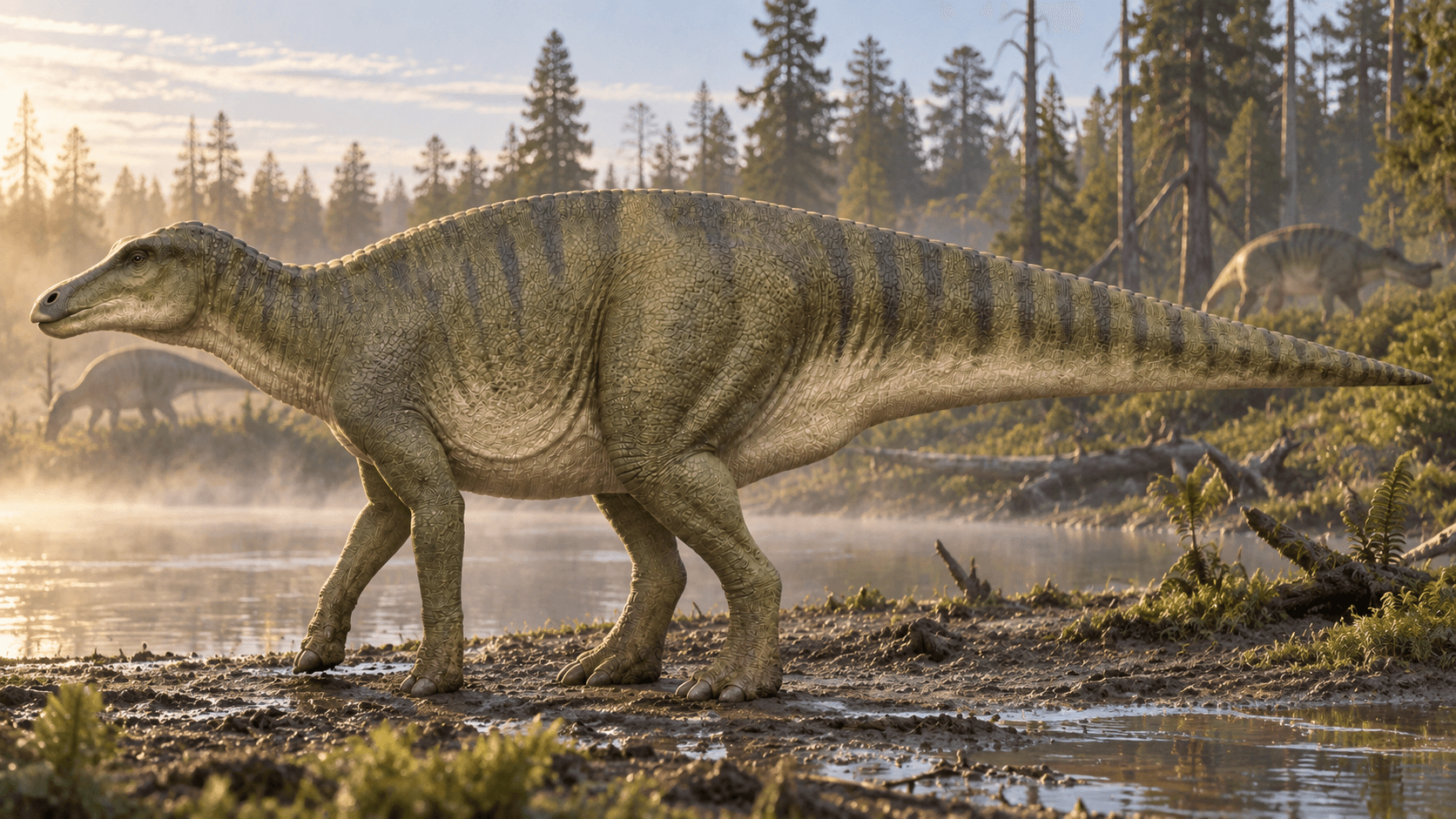 KI-Lebendrekonstruktion eines Edmontosaurus annectens an einem Fluss der Hell-Creek-Formation. Körperbau nach dem Tiefenzeit-Master; Färbung und Muster sind spekulativ.