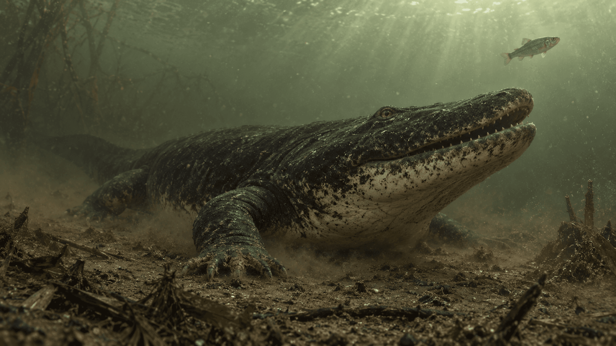 AI life reconstruction: Mastodonsaurus giganteus, a roughly five-meter crocodile-like stem-amphibian from the Triassic, lies in ambush on a lakebed and snaps its powerful jaws at a passing fish, based on a 2026 skull-muscle reconstruction by Schwarz et al. in the Journal of Anatomy.