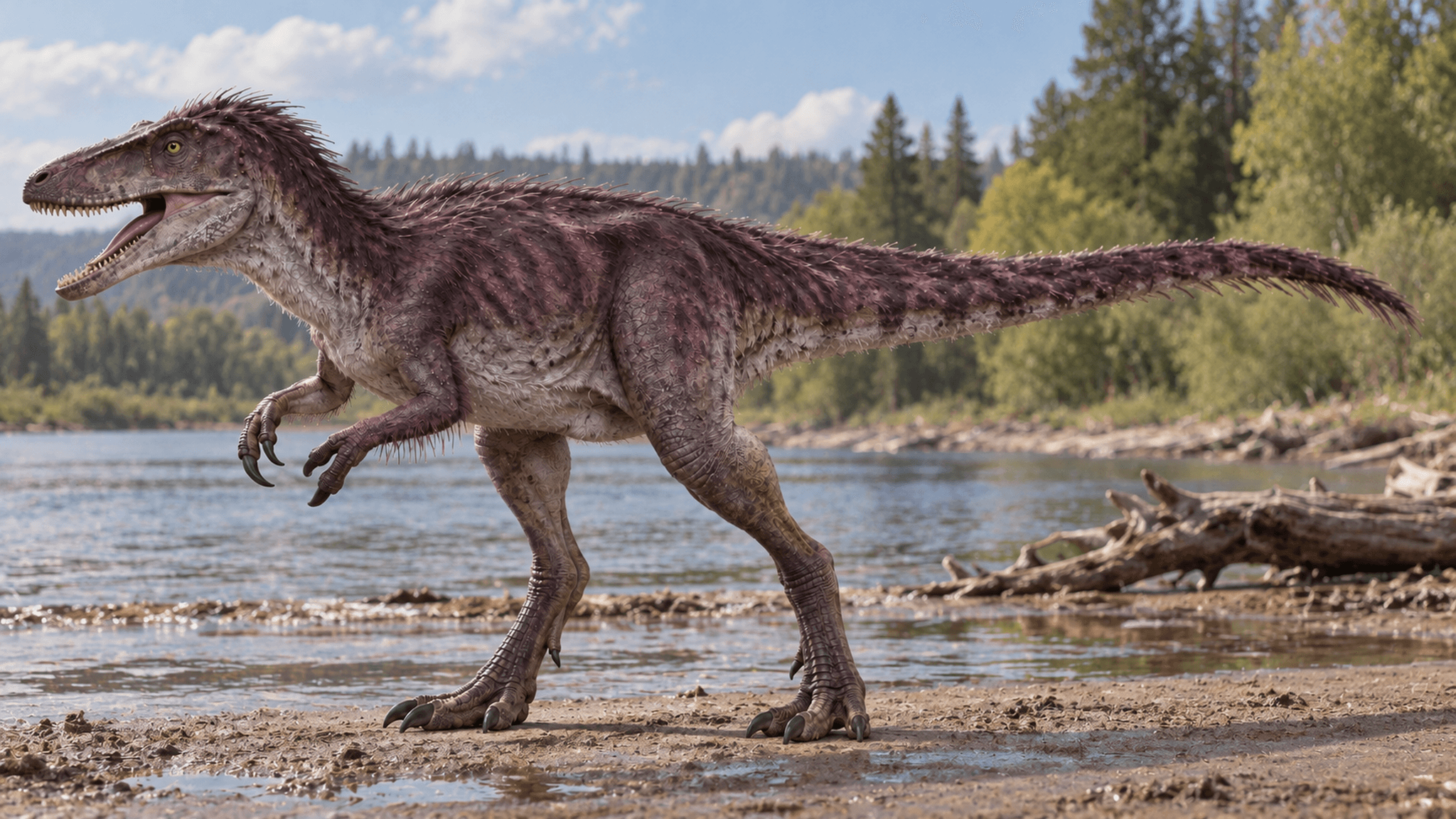 KI-Lebendrekonstruktion: Gattungsillustration eines Nanotyrannus in einer Flusslandschaft der Hell-Creek-Formation. Keine individuelle Rekonstruktion von Jodi; Farben und Weichteile sind spekulativ.
