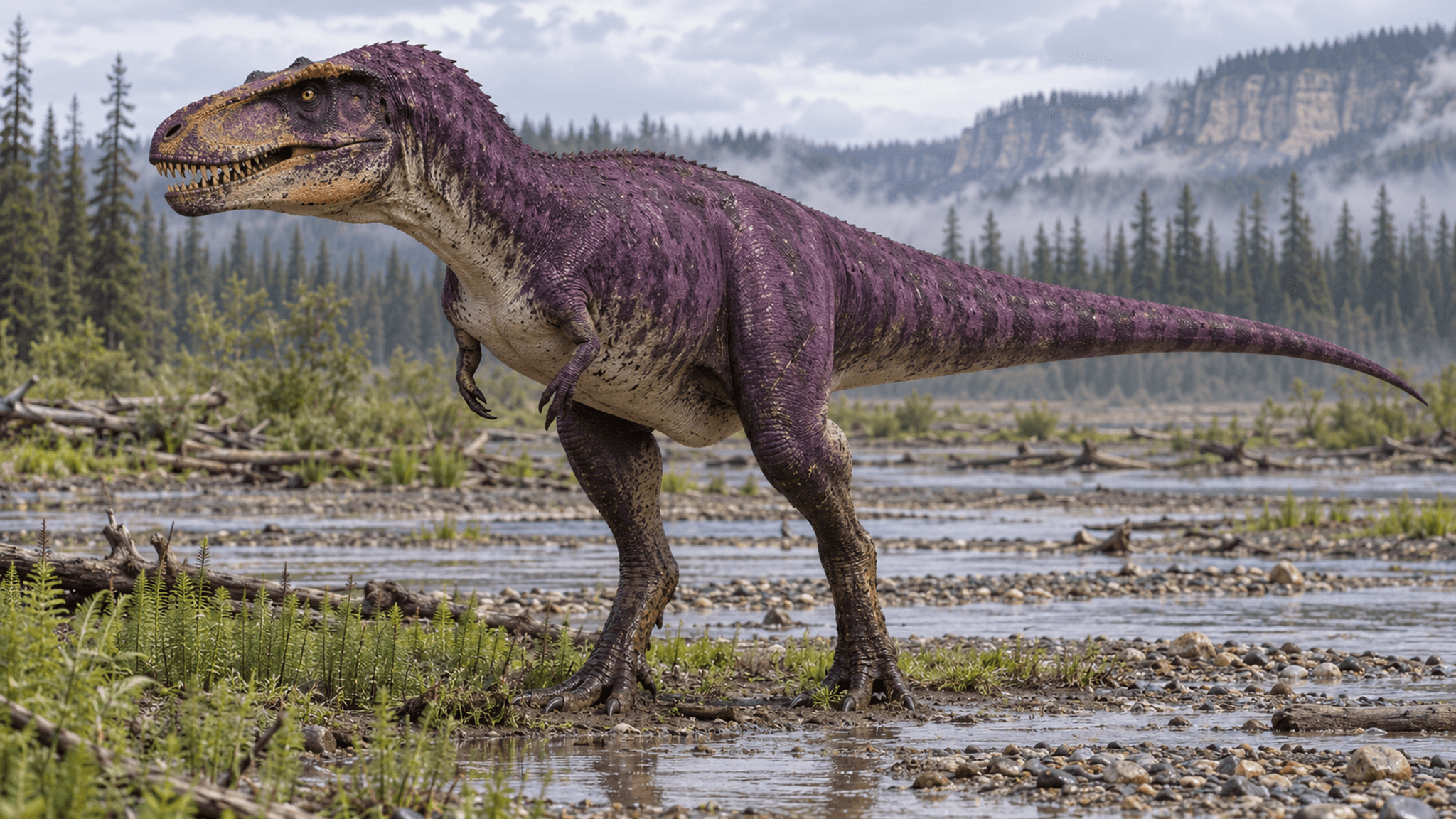 KI-Lebendrekonstruktion: Tromerosaurus solumons, ein neu beschriebener Tyrannosaurier aus der Oldman Formation in Alberta, in seinem Lebensraum an einem spätkreidezeitlichen Flussufer.