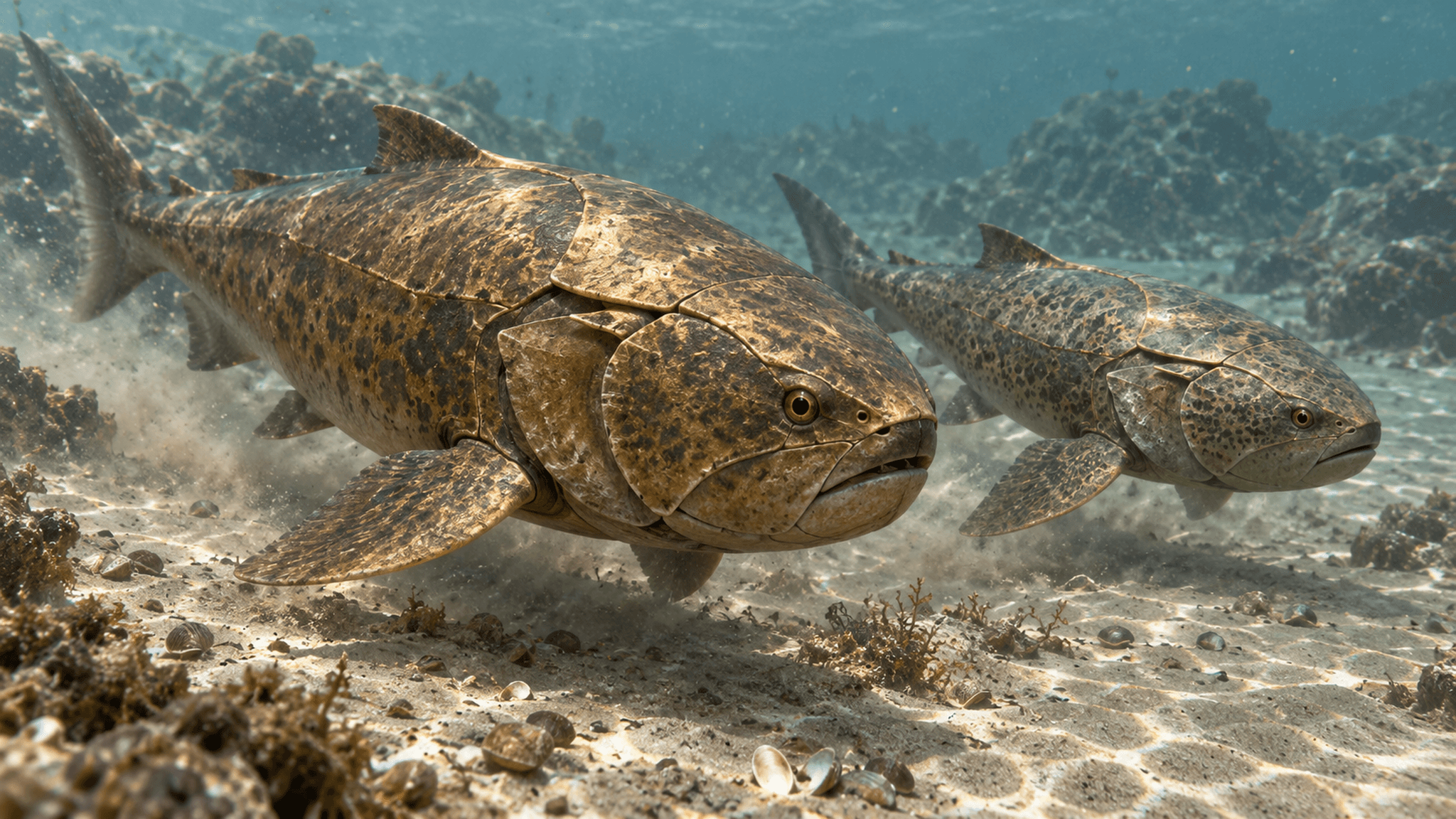 KI-Lebendrekonstruktion: Die Panzerfische Entelognathus primordialis (vorne, mit zwei Kiemendeckelplatten) und Qilinyu rostrata (hinten, mit einer Kiemendeckelplatte) aus dem Silur.