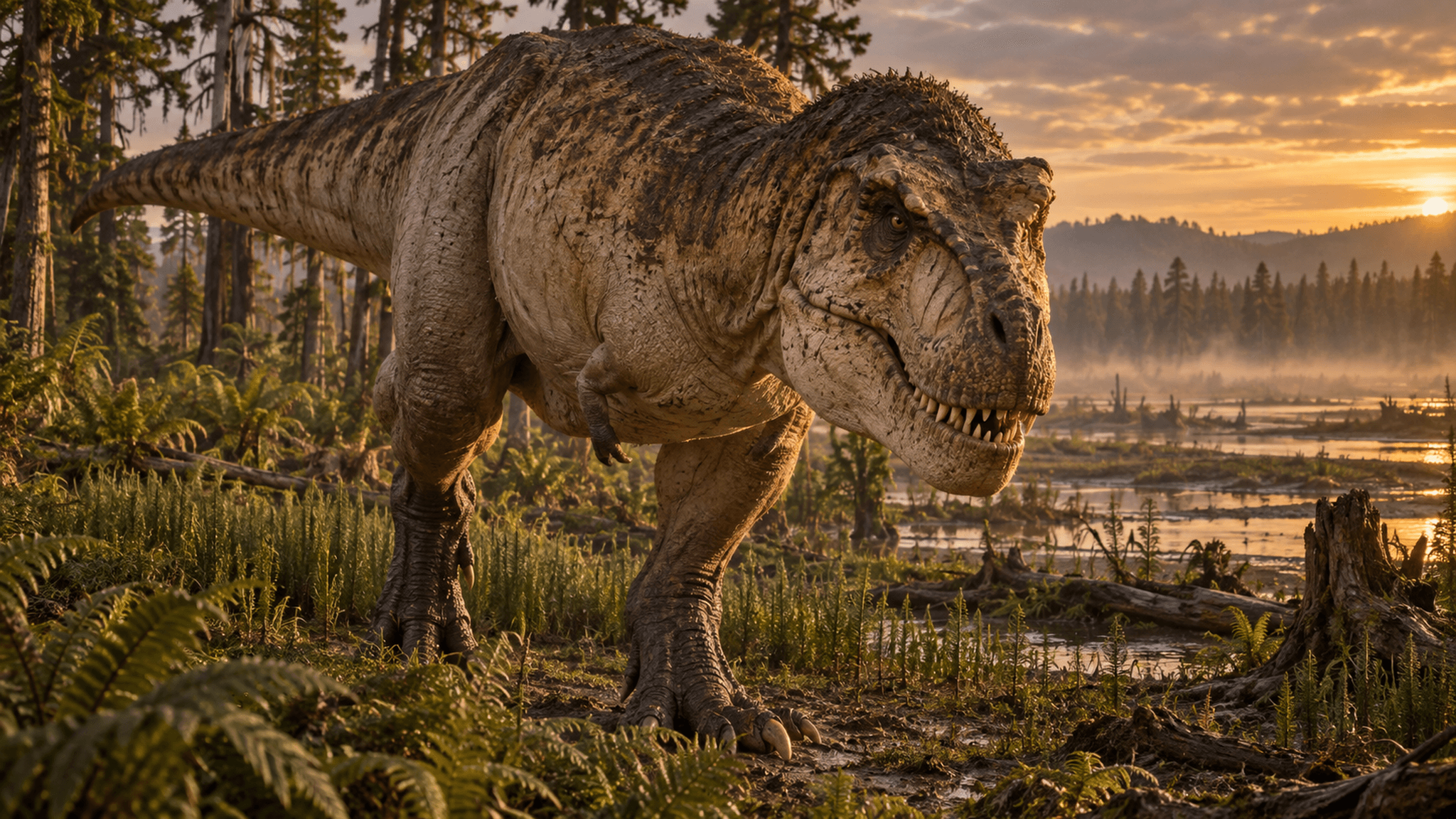 AI life reconstruction: Tyrannosaurus rex, whose skull was shorter but more robust than those of Giganotosaurus and Allosaurus, with a deep lower jaw that a 3D-model study suggests was likely suited to gripping large prey and biting through flesh and bone.