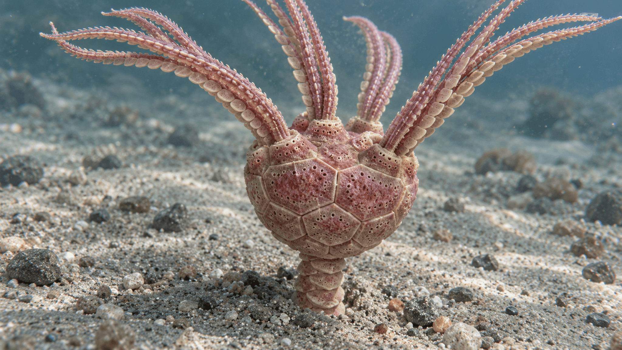 KI-Lebendrekonstruktion von Atlaseocrinus issafenensis, dem bislang ältesten bekannten Stachelhäuter Afrikas, gefunden in der Issafen-Formation in Marokko.