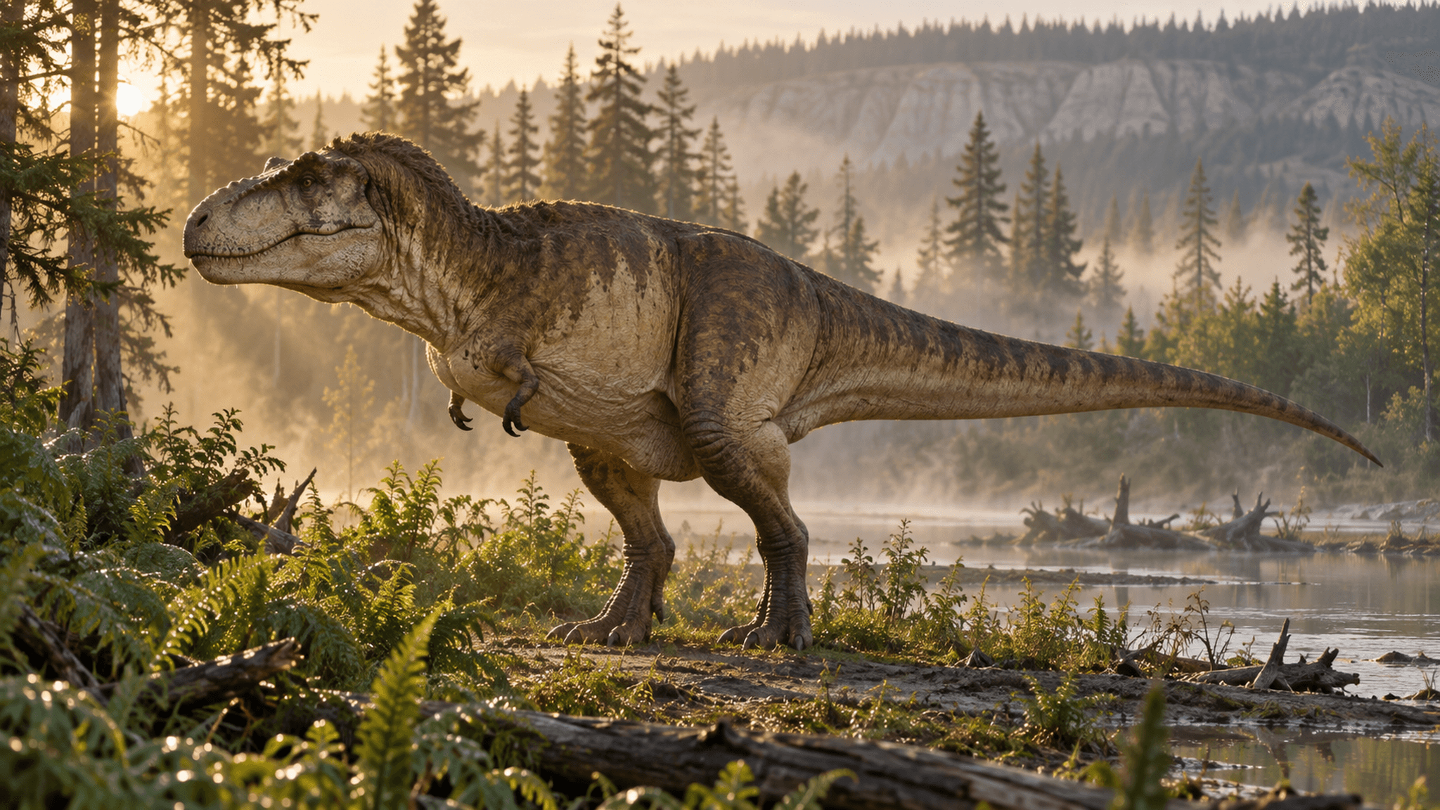 KI-Lebendrekonstruktion: Tyrannosaurus rex an einem Flussufer der Hell Creek Formation, vor rund 66 Millionen Jahren. Eine neue Zahnschmelz-Messung ergab eine Körpertemperatur von etwa 36,3 Grad Celsius (±2,5 °C), vergleichbar mit heutigen Endothermen und deutlich wärmer als die Körpertemperatur der dort lebenden Krokodile.