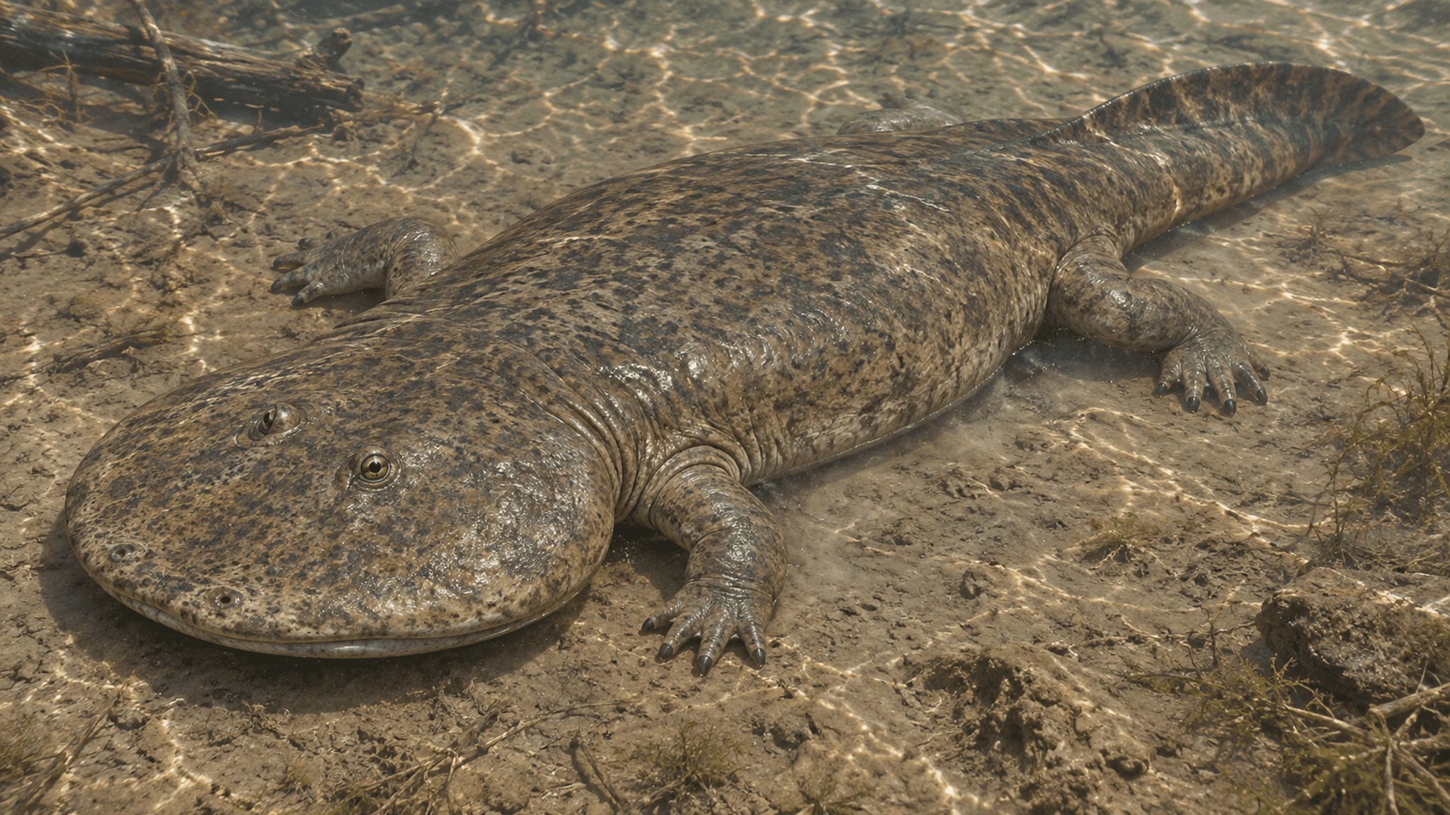 KI-Lebendrekonstruktion eines Metoposauriden, eines vollständig wasserlebenden Temnospondylen-Amphibiums aus der späten Trias Nordamerikas, dargestellt nach aktuellem Forschungsstand zu Schädelform und Körperbau dieser Tiergruppe.