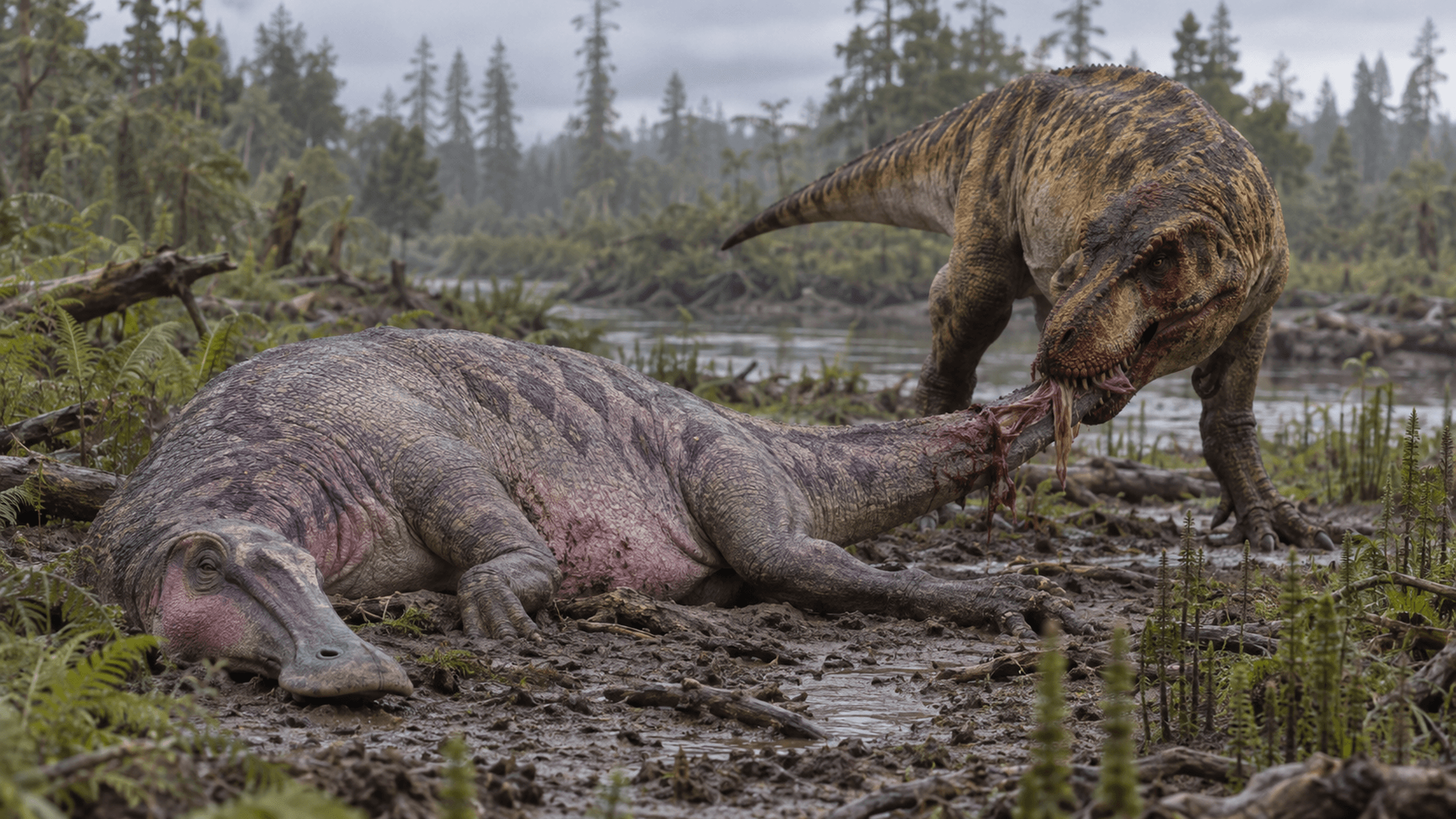KI-Lebendrekonstruktion: Ein Tyrannosauride reißt am Schwanz eines gefallenen Entenschnabel-Dinosauriers – rekonstruiert nach der systematischen Auswertung von Bissspuren an einzelnen Schwanzwirbeln aus dem Dinosaur Provincial Park, Alberta.
