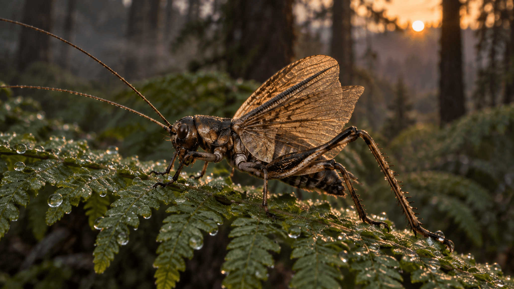 Fotorealistische Rekonstruktion einer Langfühlerschrecke des Mittleren Jura mit angehobenen Vorderflügeln im Waldunterholz (Illustration)