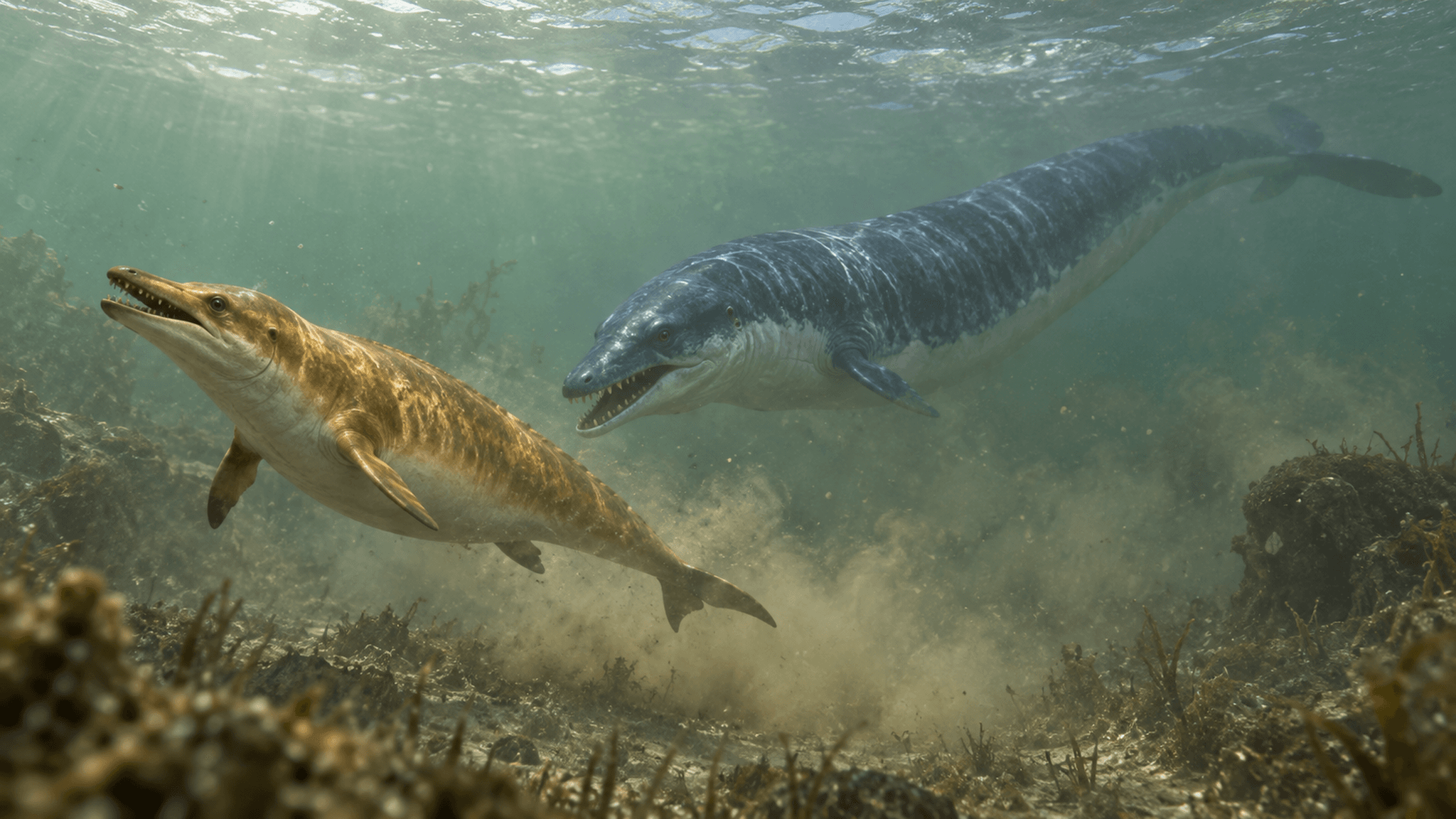 Symbolbild, KI-generierte Rekonstruktion: Großer Basilosaurus isis schwimmt unter Wasser einem kleineren, fliehenden Saghacetus osiris in einer trüben Lagune nach.