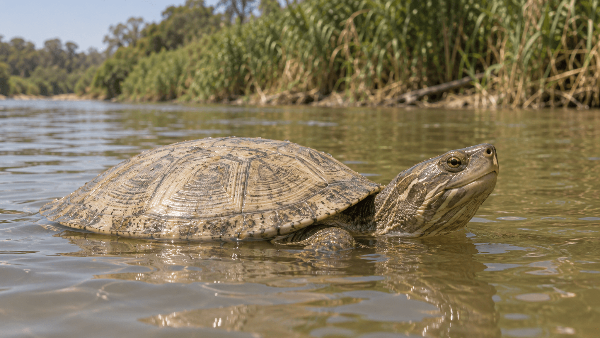 Symbolbild/KI-Rekonstruktion einer lebenden paläozänen Süßwasserschildkröte (Lapparentemys-Typ) mit braun-olivem Panzer, die seitlich auf Augenhöhe im trüben Flusswasser Boliviens liegt, Kopf und Panzerrand über der Wasserlinie.