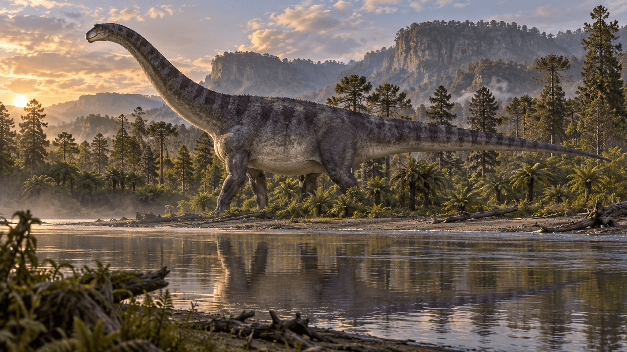 Digitale Rekonstruktion eines sehr großen Sauropoden-Dinosauriers, der an einem breiten Fluss im Sichuan-Becken entlanggeht, sein Rücken überragt die umgebenden Baumkronen; Symbolbild, keine reale Fotografie.