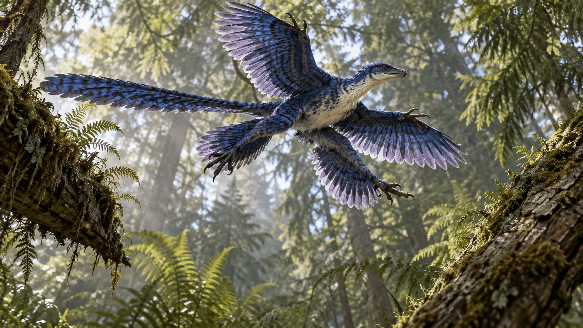 KI-generiertes Symbolbild eines blau-schwarz gefiederten, mikroraptorinenähnlichen Dinosauriers mit heller Unterseite, zwei Armflügeln, zwei befiederten Hinterbeinen und langem Federschwanz in einem Kreidezeit-Wald; spekulative Farbgebung, keine artgenaue Rekonstruktion.