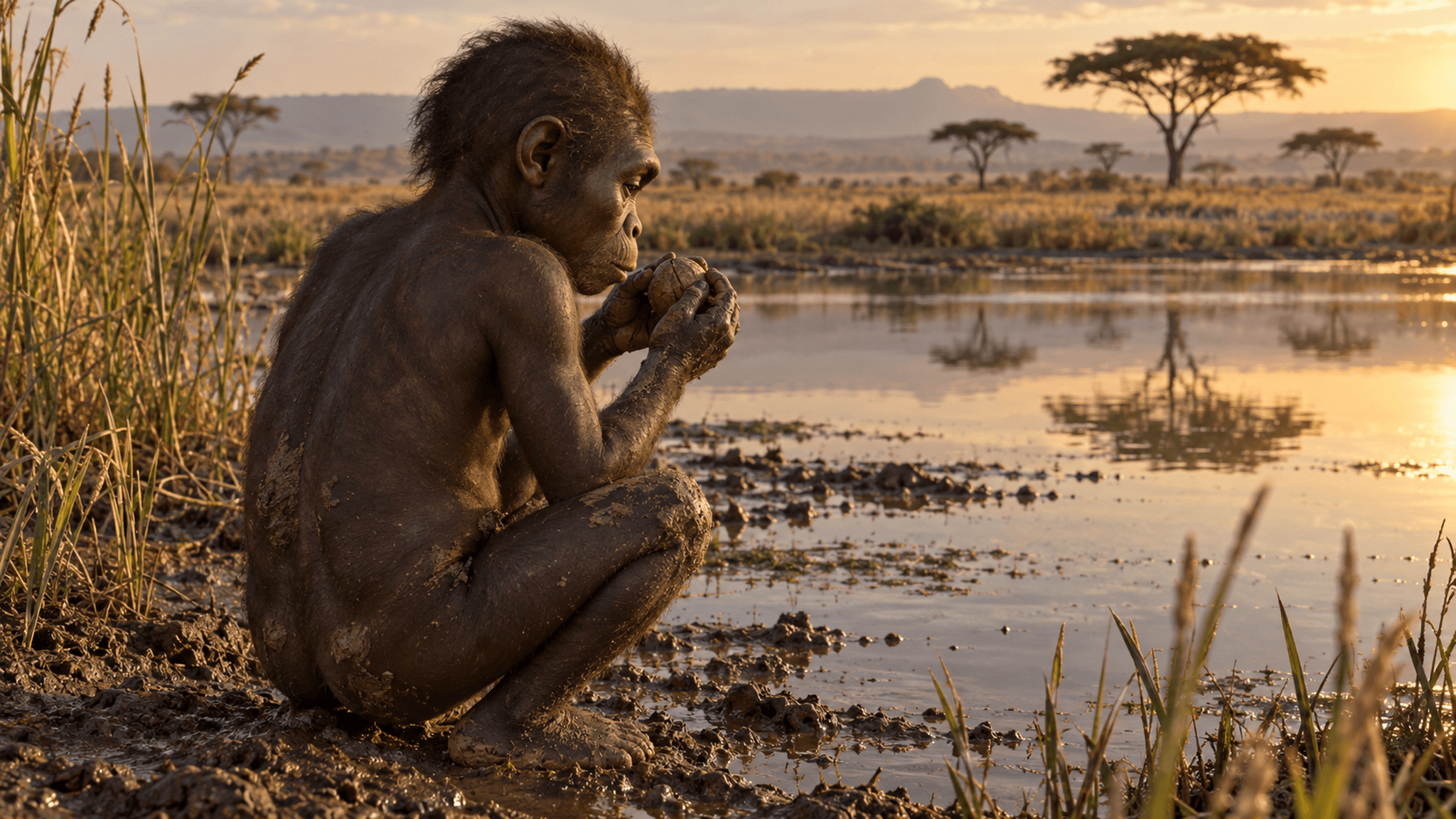 KI-generiertes Symbolbild: Junges Paranthropus-boisei-Kind kauert unbekleidet im Profil am Rand eines Wasserlochs in einer ostafrikanischen Savannenlandschaft und hält ein hartschaliges Samenkorn vor den Mund.