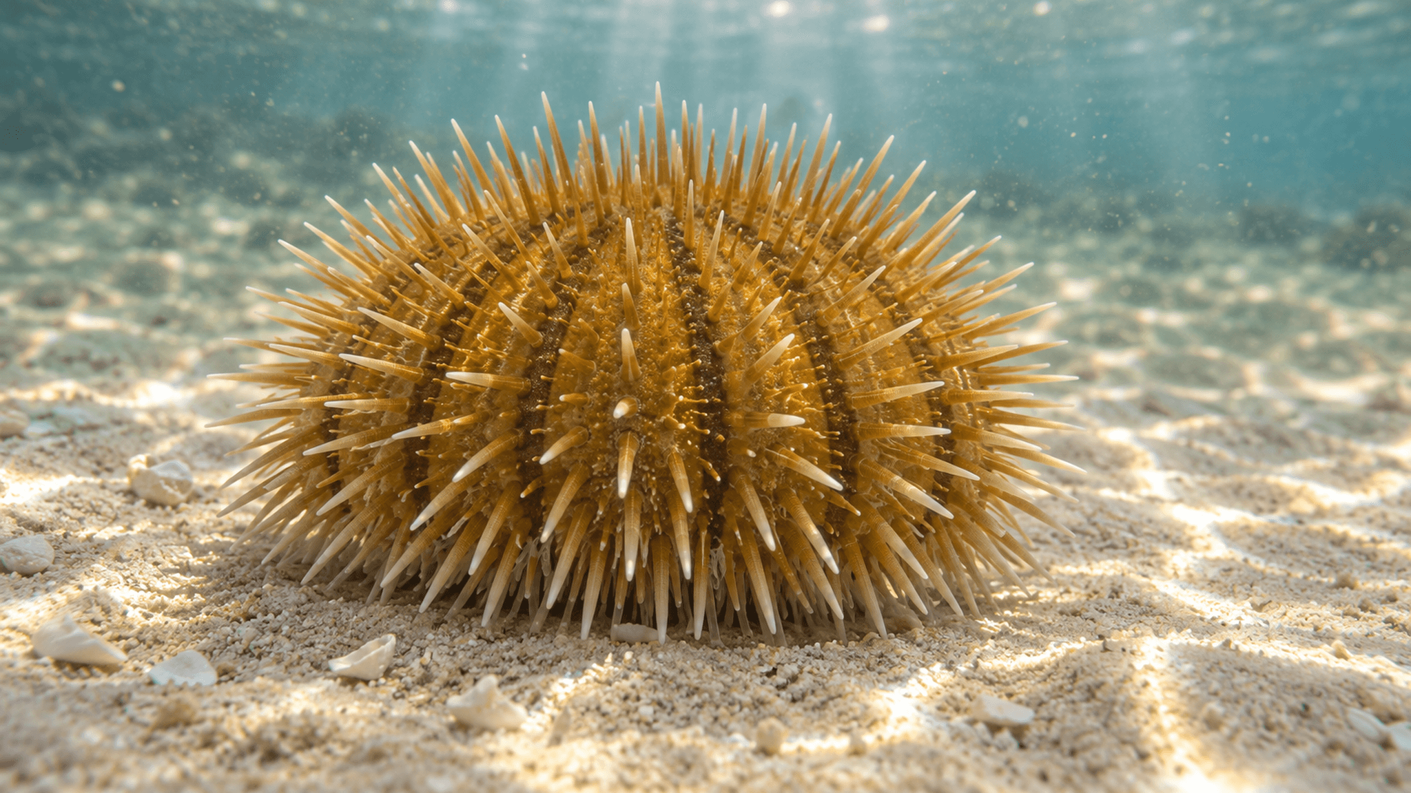 KI-generierte Rekonstruktion eines Seeigels der fossilen Art Arbacia percaribbeana mit dichten ockergoldenen Stacheln auf sandigem Meeresboden, Nahaufnahme aus flachem Unterwasser-Blickwinkel mit Sonnenstrahlen im Wasser.