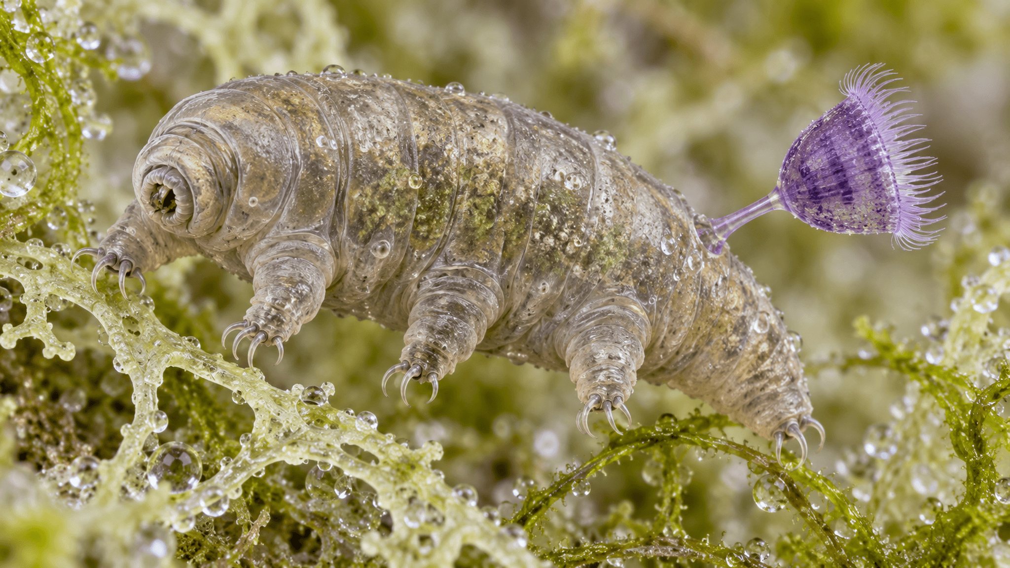 KI-Lebendrekonstruktion: Ein Bärtierchen mit dem winzigen einzelligen Mitfahrer Propyxidium tardigradum, der sich hinter dem dritten Beinpaar an seinem Wirt festhält.