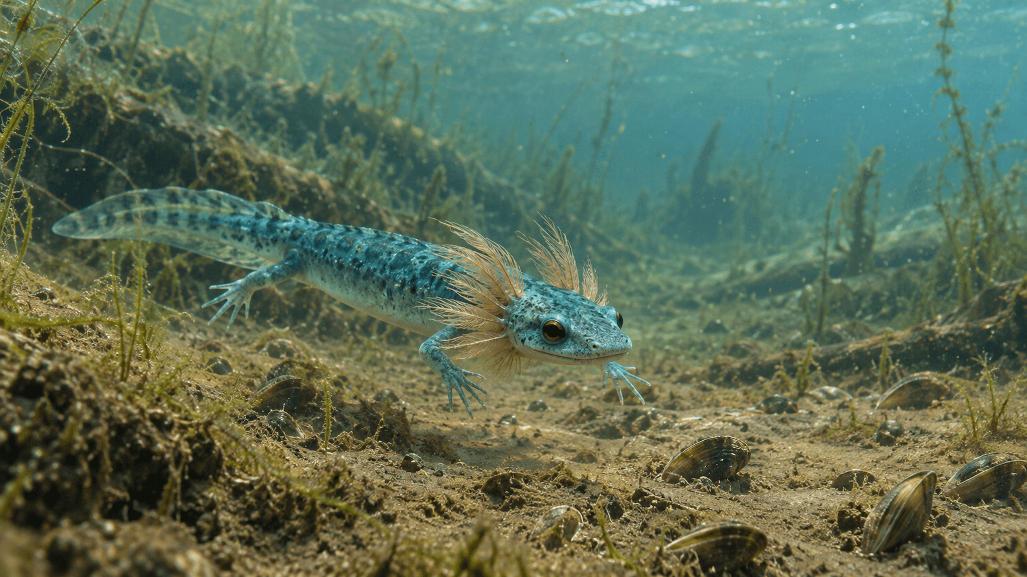 AI life reconstruction of Branchiosaurus remesi, an amphibian that lived in a lake in the present-day Boskovice Basin near Zbýšov during the earliest Permian.