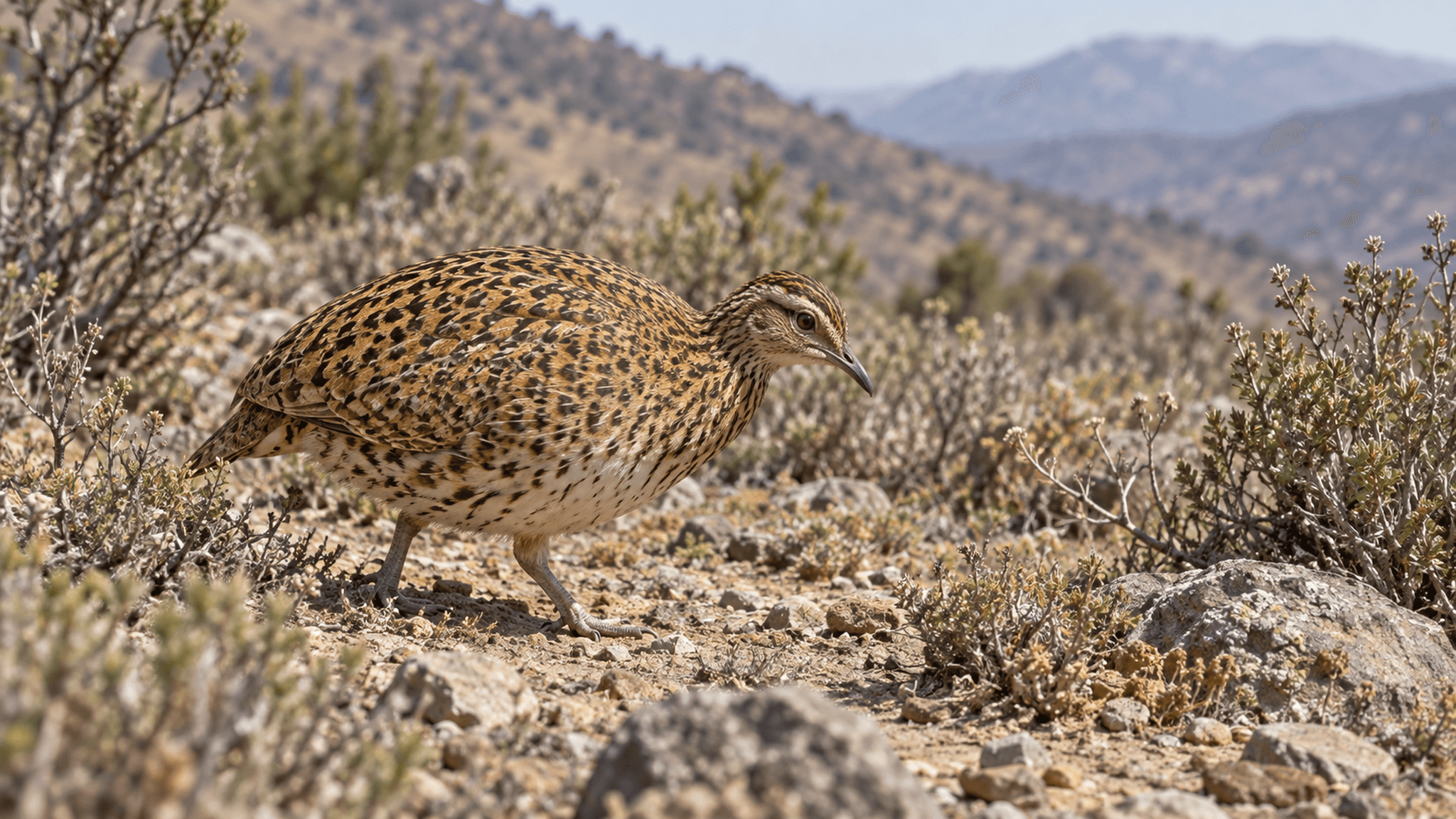 KI-Lebendrekonstruktion: Chile-Steißhuhn (Nothoprocta perdicaria) im trockenen Bergbuschland Zentralchiles