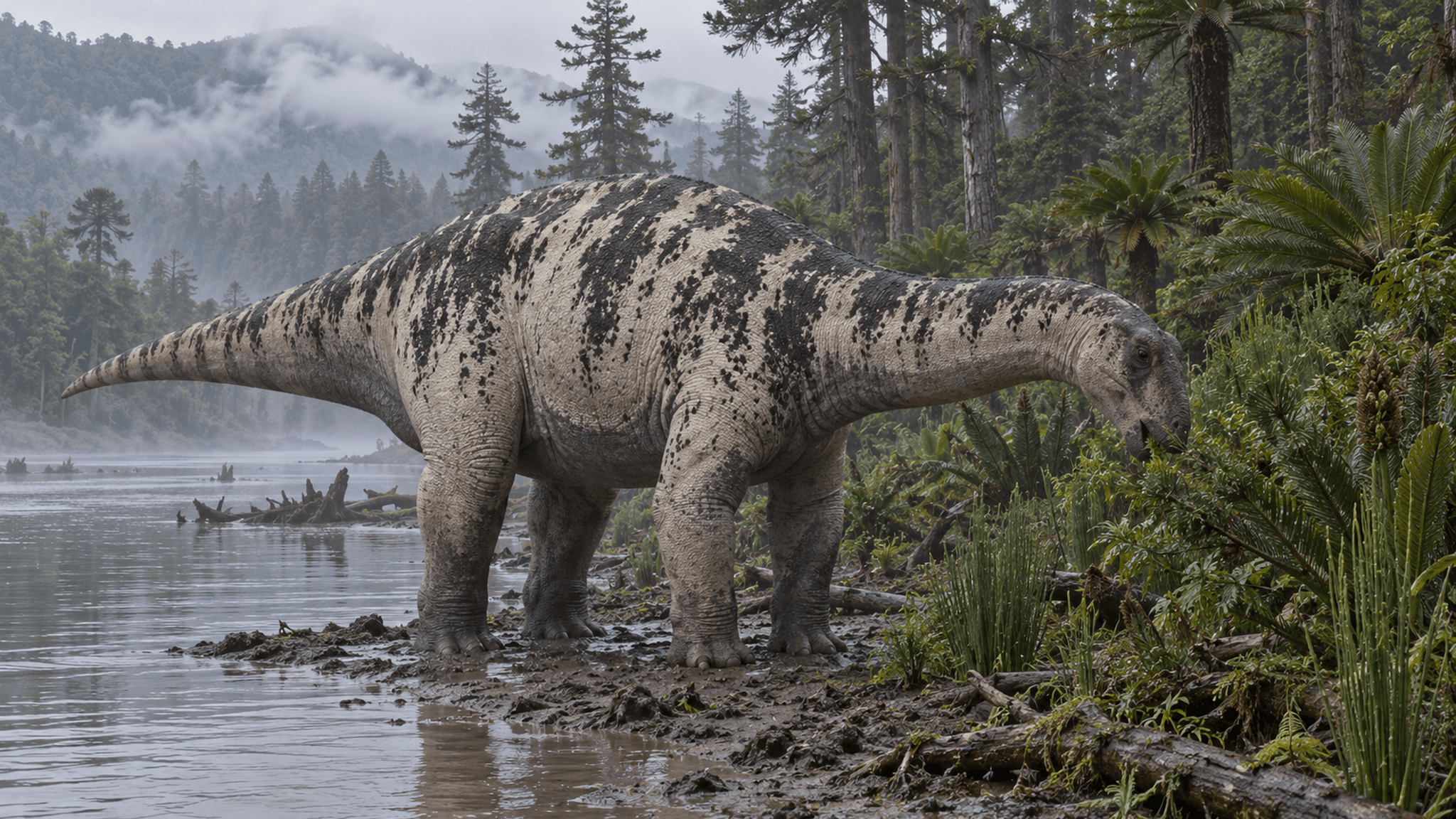 KI-Lebendrekonstruktion: künstlerische Darstellung eines frühen, basalen Sauropoden der Nam-Phong-Formation (Thailand, Früh-Jura, rund 190 Millionen Jahre); die Anatomie ist eine plausible künstlerische Annäherung und bezieht sich nicht auf konkret beschriebene Fossilfunde.