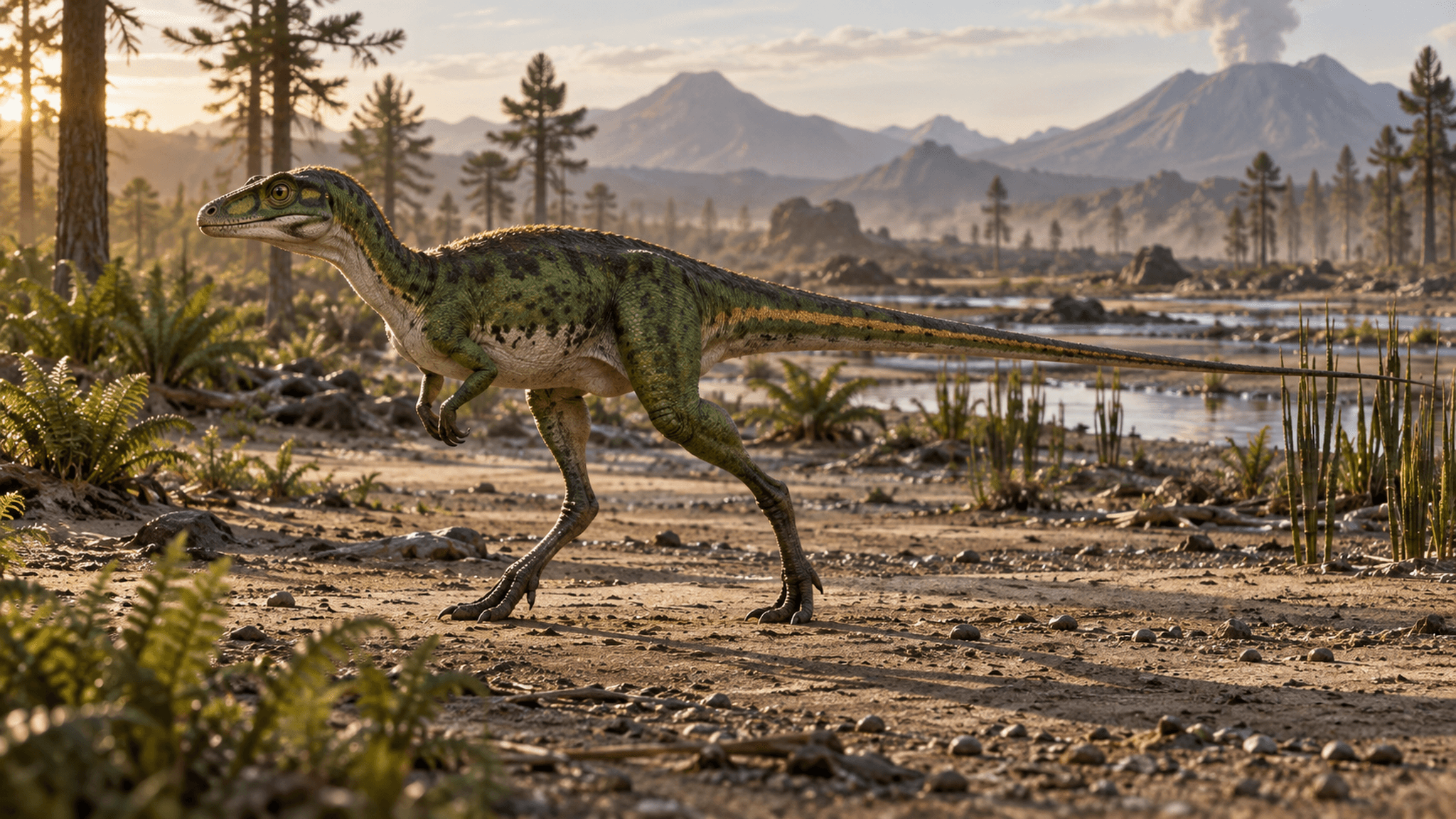AI life reconstruction of an early, bipedal dinosaur in a Triassic landscape; the study does not name a specific species, and the coloration shown is an artistic interpretation not supported by fossil evidence.