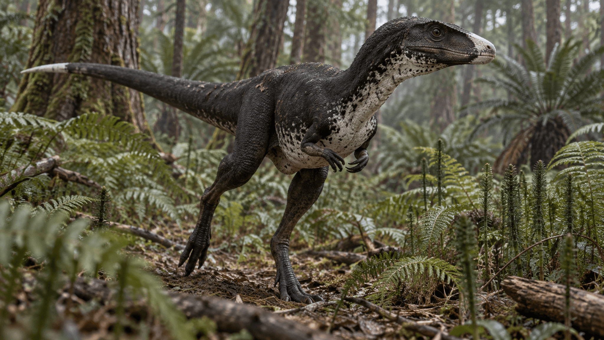 KI-Lebendrekonstruktion: Der frühe Raubdinosaurier Staurikosaurus pricei durchquert in Echtzeit das Unterholz im heutigen Südbrasilien der späten Trias – mit zwei kurzen, klauenbewehrten Vorderbeinen paarig an Brust und Schulter direkt hinter dem Halsansatz, wie es seiner Körperbauweise entspricht.