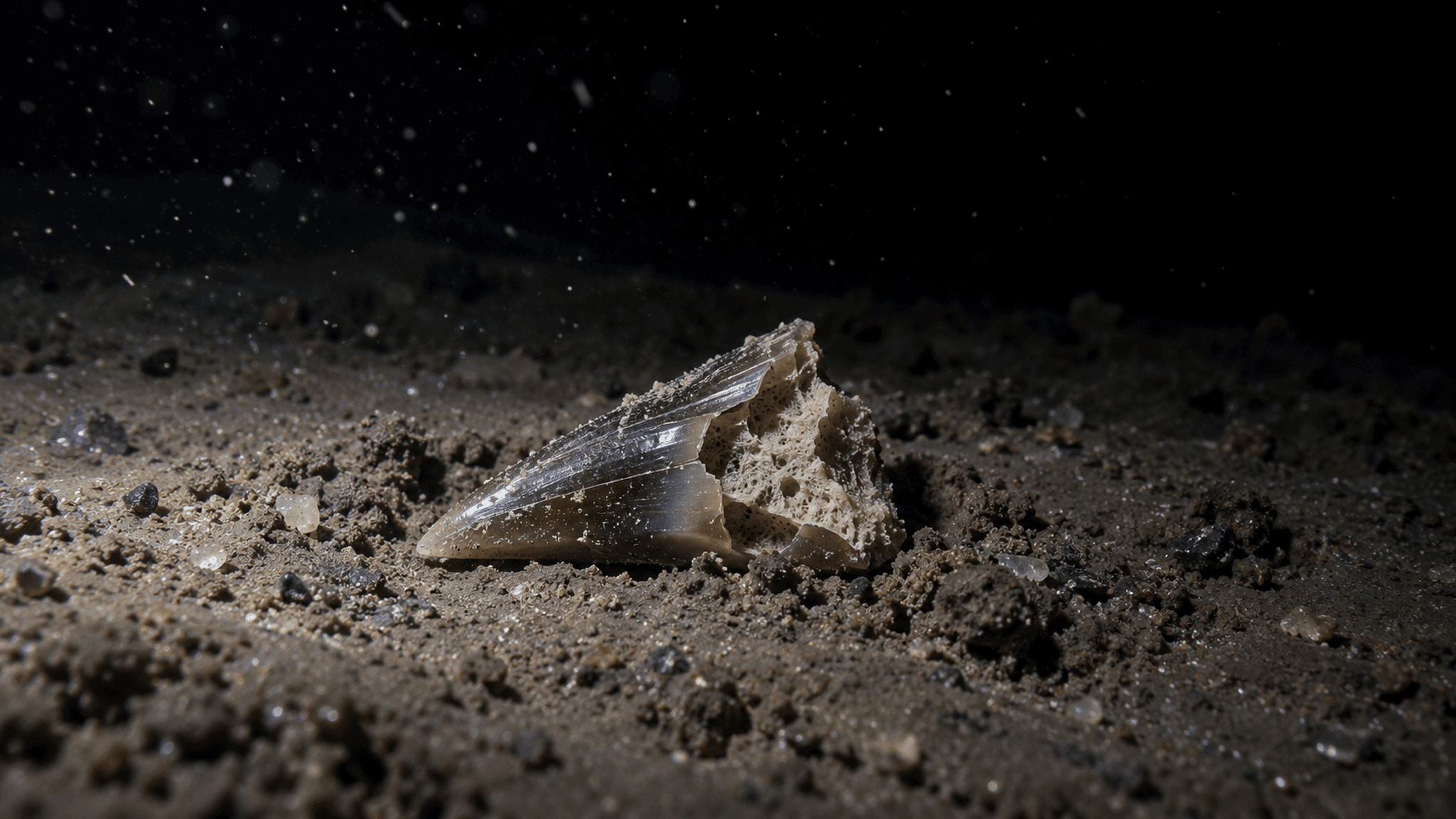 KI-Illustration eines aufgebrochenen Fossilzahns im Tiefseeschlamm. Symbolbild zur Studie; keine Aufnahme eines untersuchten Fossils.