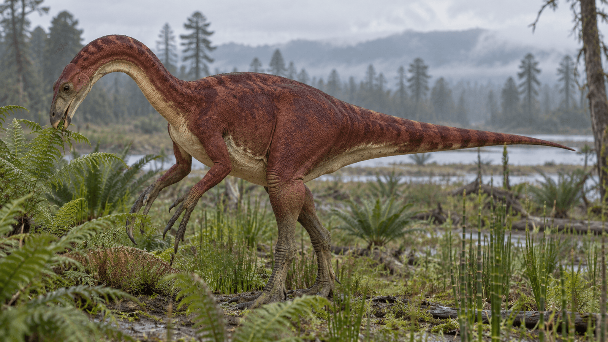 KI-Lebendrekonstruktion von Falcarius suarezarum nach dem Bauplan seines nahen Verwandten Falcarius utahensis; belegt sind nur Schädelknochen, die restliche Gestalt ist eine plausible Annäherung.