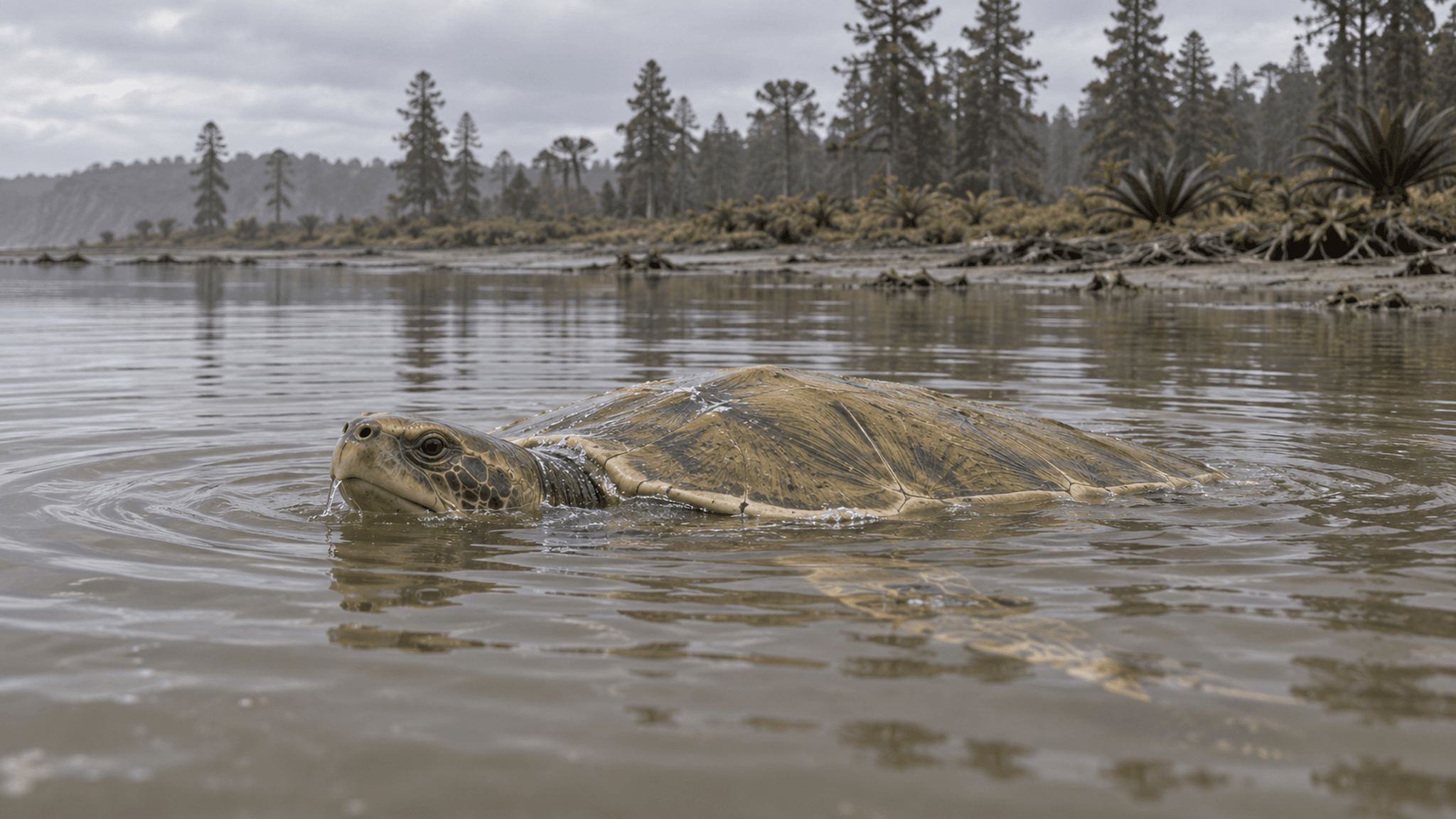 AI life reconstruction of the Jurassic turtle Caesaria templaria at the water surface of a shallow lagoon near the shore.