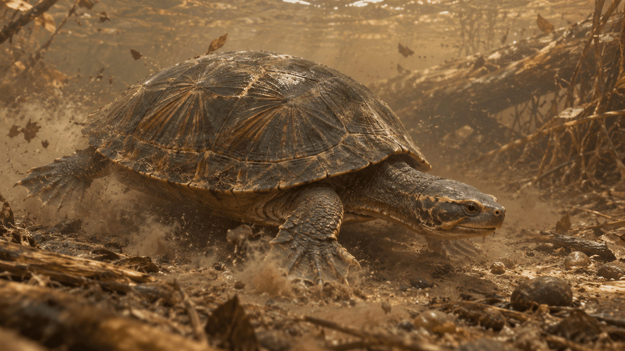 KI-Lebendrekonstruktion: Die Flussschildkröte Plesiobaena antiqua stößt sich mit allen vier Gliedmaßen vom schlammigen Flussboden ab.