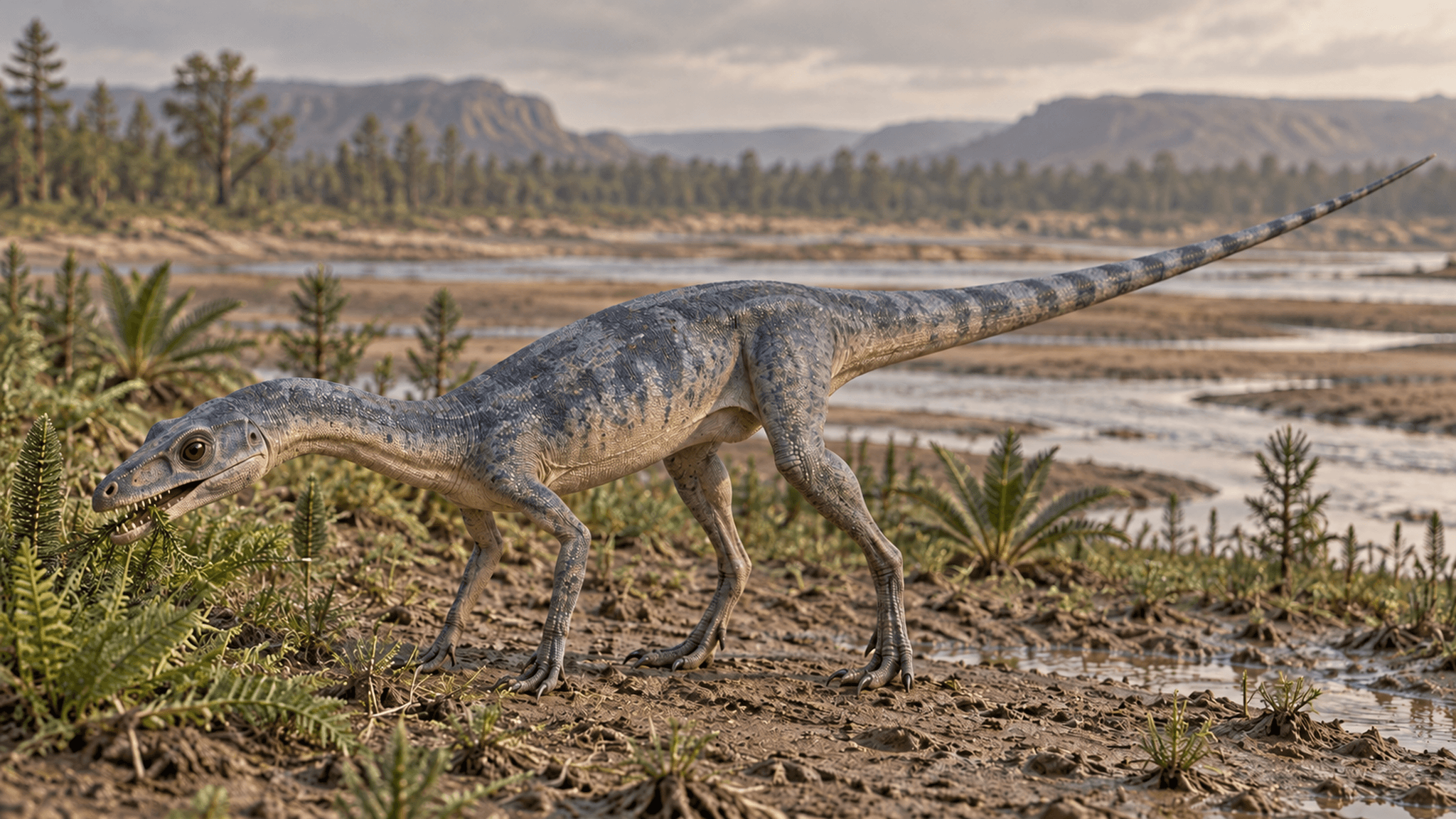 KI-Lebendrekonstruktion zum Fund von Rewasaurus minori: Körper, Gliedmaßen und Schwanz orientieren sich an verwandten Silesauriern. Das Bild veranschaulicht einen möglichen Lebensraum; es zeigt keine wissenschaftlich überprüfbare Rekonstruktion der einzelnen Originalzähne. Körpergestalt und Färbung bleiben erschlossen.