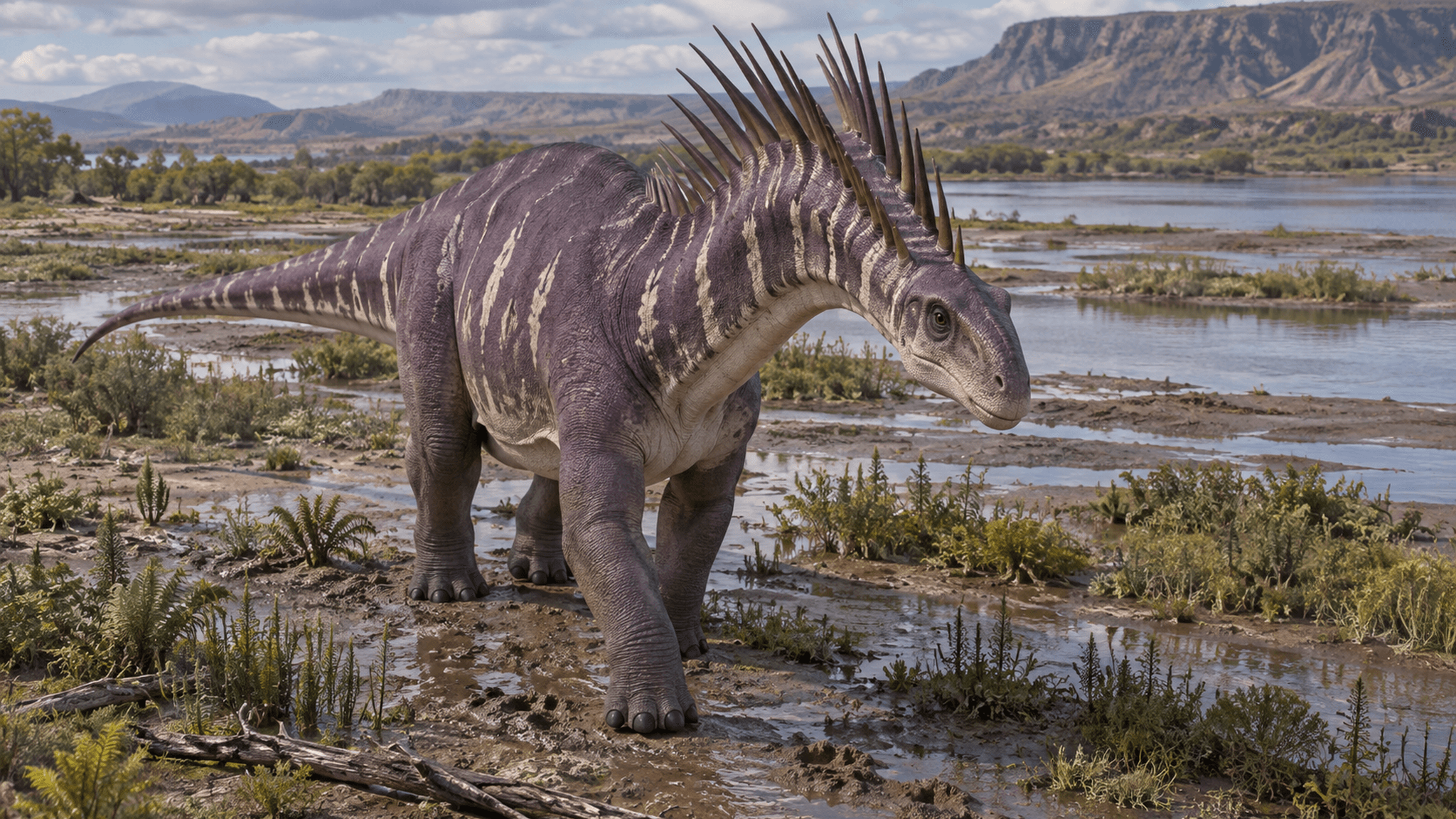 AI life reconstruction of an Amargasaurus in a river and floodplain setting in present-day Argentina; the study used computer models to examine how its femur responded under load.